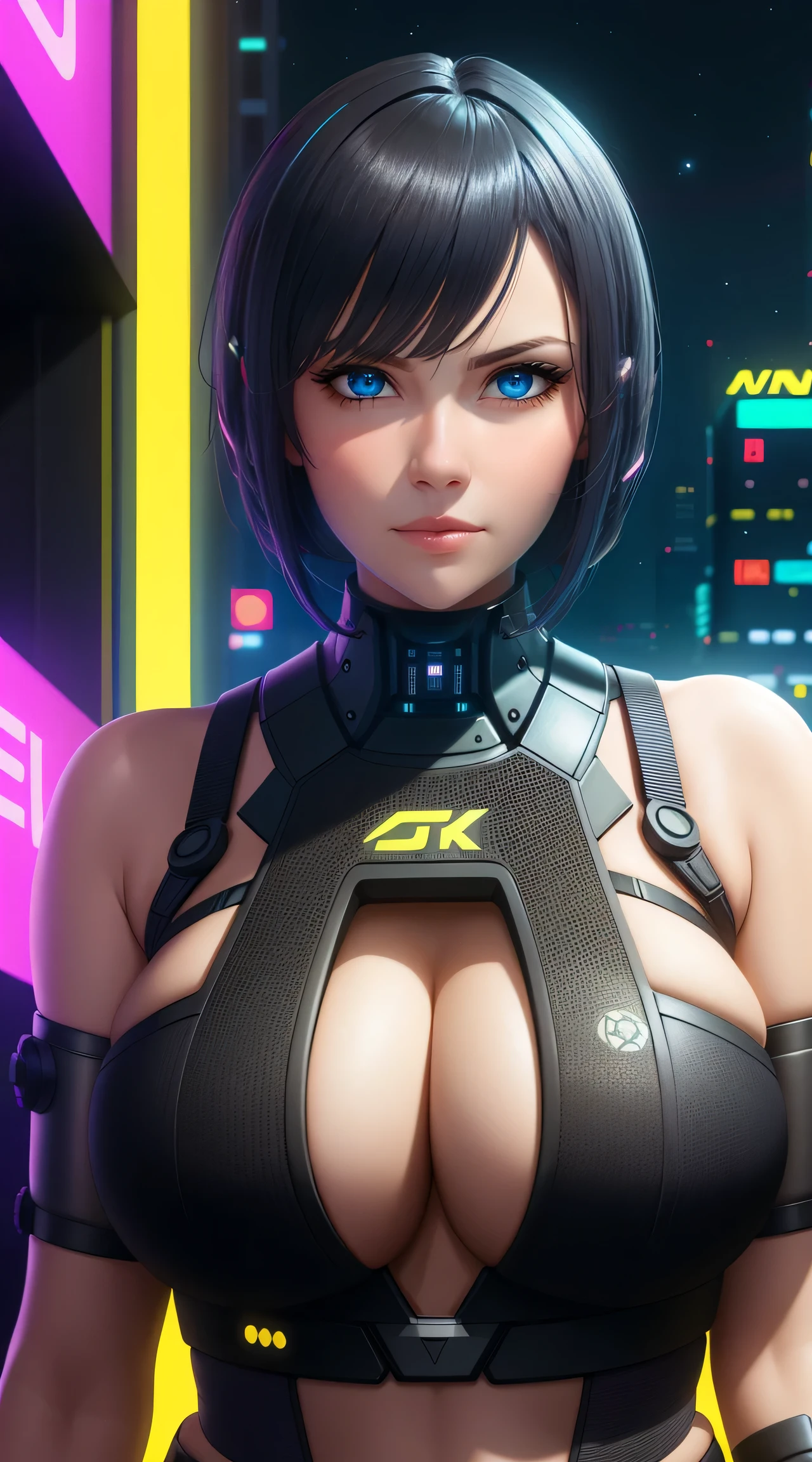 Woman standing, black hair with neon stripes, Bob Shorthair, cyberpunk femme fatale, seductive cyberpunk dark fantasy, cyberpunk strip clubs, In Cyberpunk 20. o Model girl, an oppai cyberpunk, Serious face, Realistic Face Resolution, Realistic, Resolving Objects, (dark city night black background:1.4), Deep cleavage, banners, high definition cgsociety, cgsociety masterpiece, Trending on CGSTATION, nffsw