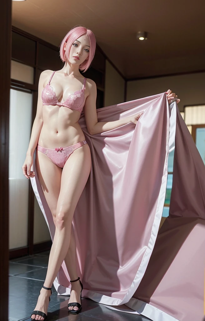 best quality, sakura haruno, pink hair, green eyes, tmasterpiece, 超高分辨率, (realisticlying:1.4), RAW photogr, 1girll, ((Bra and thong, sexy lingerie)), ((middlebreast)), cold light, full body, perfect legs, perfect hands, super erotic