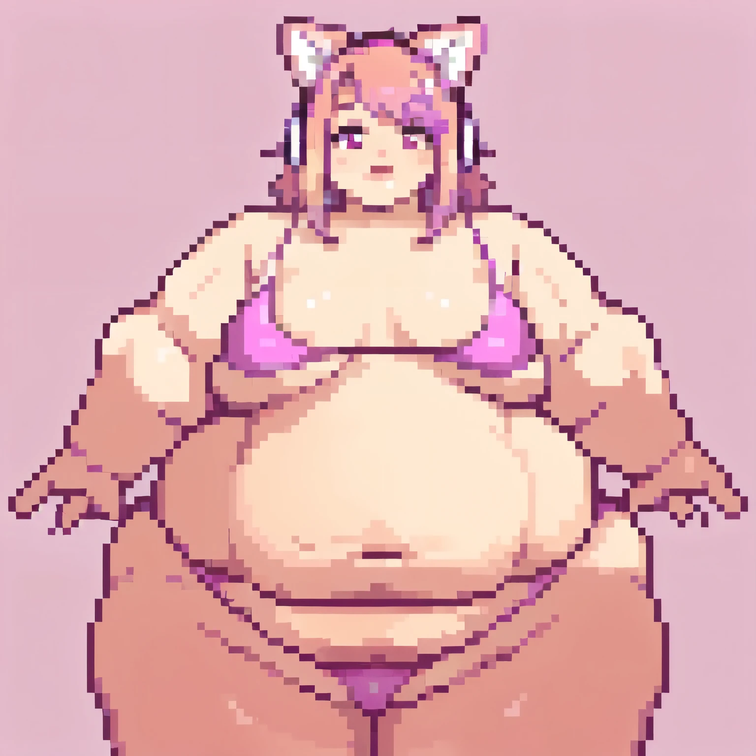 solo, (masterpiece:1.5), (realistic lighting), (bright colors:1.5), girl, gamer, (pink hair), (pink eyes), (pink underwear), (pink headphones with cat ears), kawaii, extremely cute, (obese:1.5), (wide waist), curvy, (realistic flabby physical hanging fat:1.5)