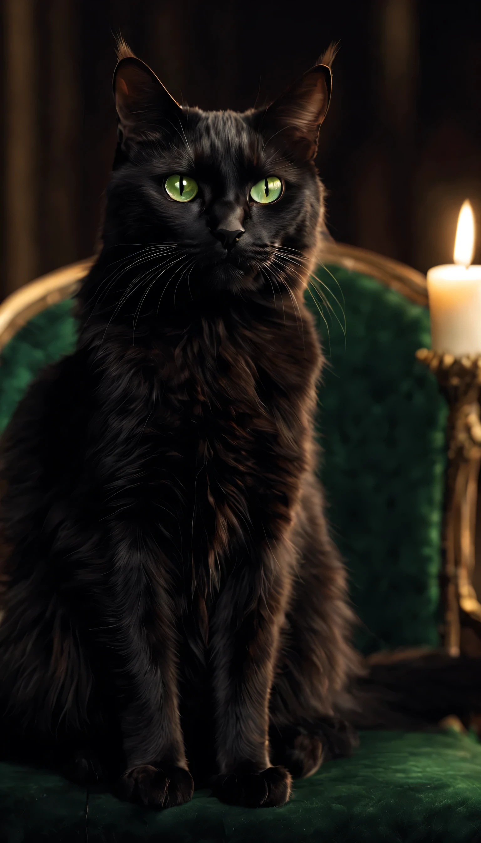 Feline Grace: A black cat, with sleek fur and piercing green eyes, curls itself gracefully on a velvet armchair bathed in soft candlelight. Render a RAW portrait masterpiece, focusing on the delicate details of the cat's fur, the warmth of the candlelight, and the regal elegance of its pose. (Best HD detailed, High quality, 32k)