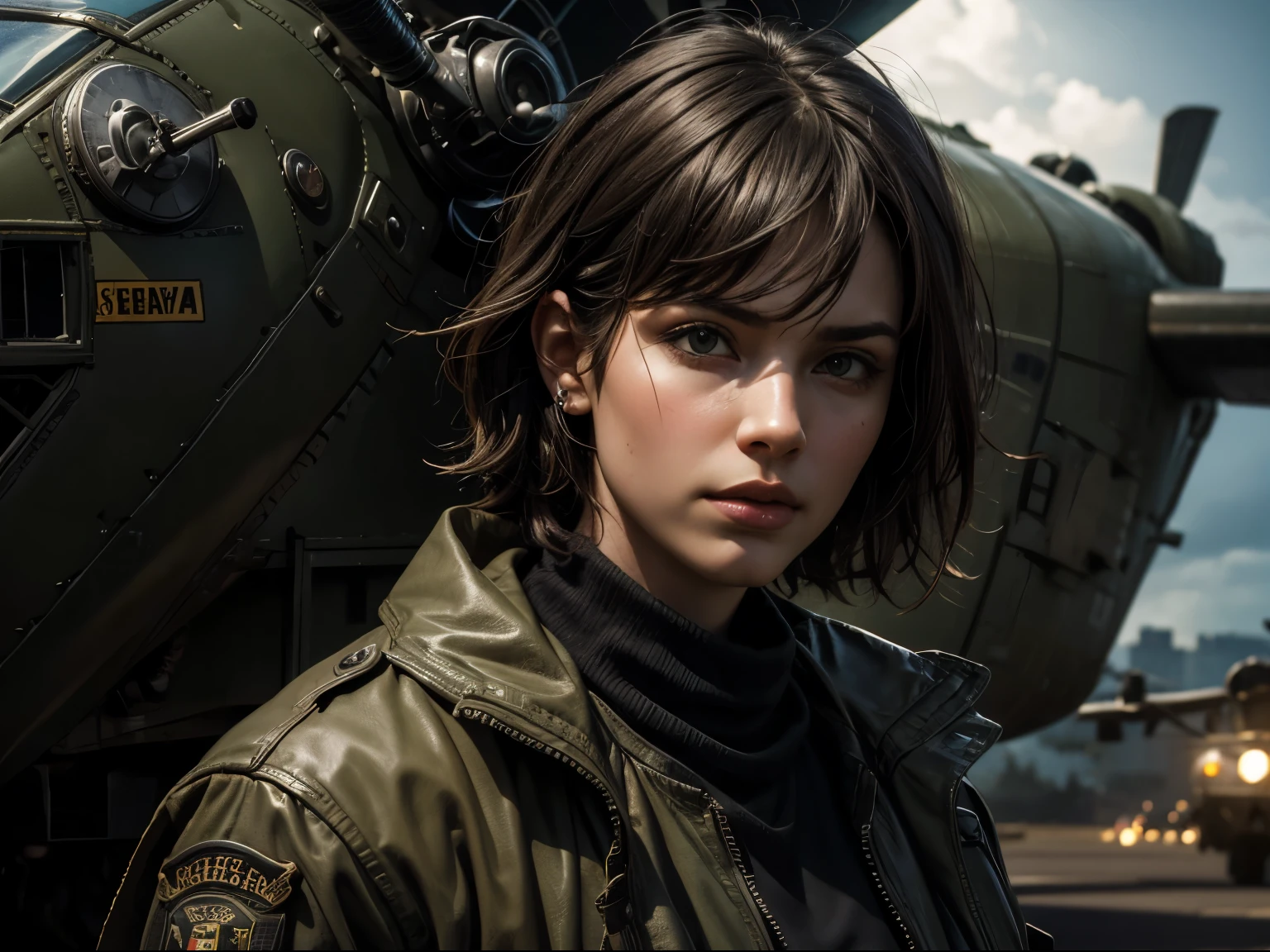 Photorealistic, book cover mockup, dramatic lighting, close-up of Charlie Murphy on right hand side, realistic British Army uniform, leather flying jacket, keffiyeh, bob style dark brown hair, fierce expression, windswept airfield, standard Ng by military Chinook helicopter, stormy sky