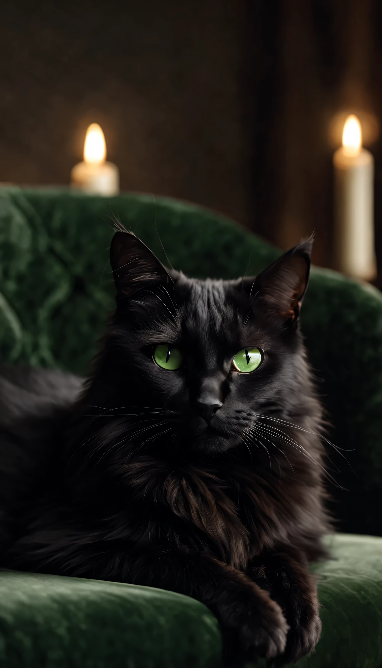 Feline Grace: A black cat, with sleek fur and piercing green eyes, curls itself gracefully on a velvet armchair bathed in soft candlelight. Render a RAW portrait masterpiece, focusing on the delicate details of the cat's fur, the warmth of the candlelight, and the regal elegance of its pose. (Best HD detailed, High quality, 32k)