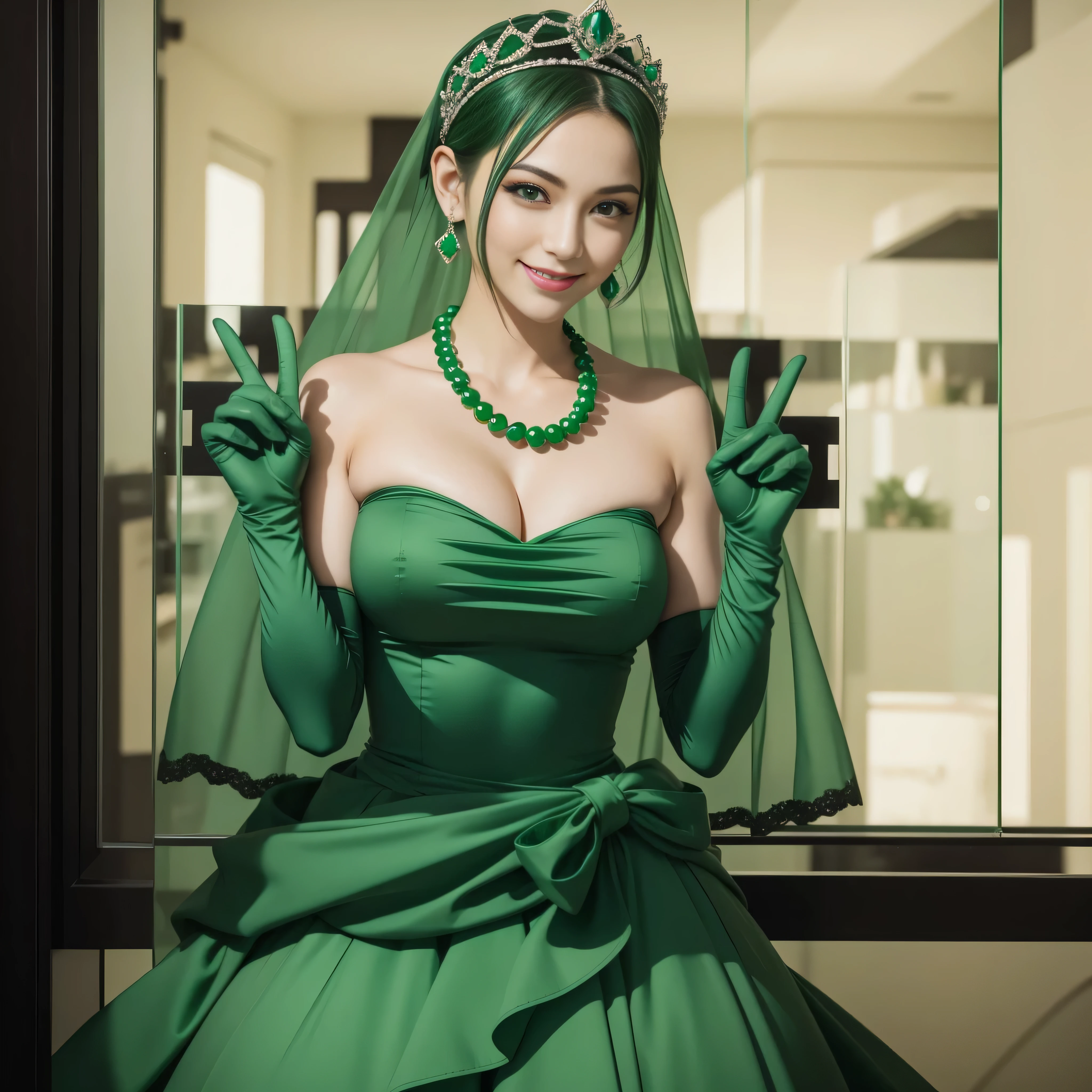 emerald tiara, Green Pearl Necklace, Boyish very short green hair, lipsticks, Japan woman smiling, very short short hair, big breasts beautiful, Green eyes, Long green gloves made of satin material, Green eyes, Emerald Earrings, green vale, v sign