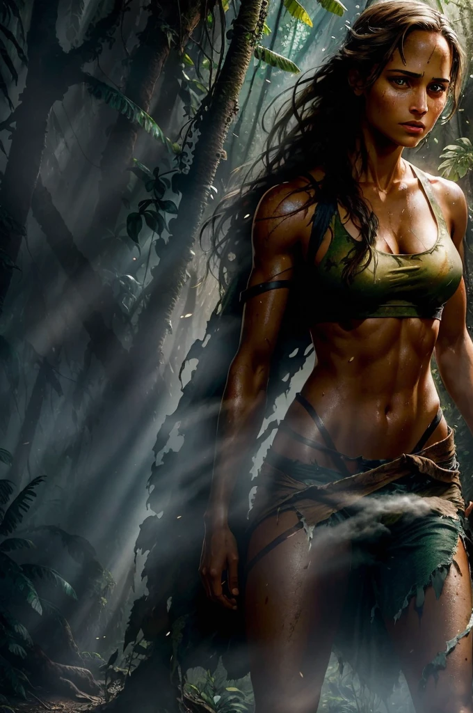 stunningly gorgeous alicia vikander as lara croft, torn clothes, photo-realistic, realism, volumetric light, steaming body, particles, jungle, realistic