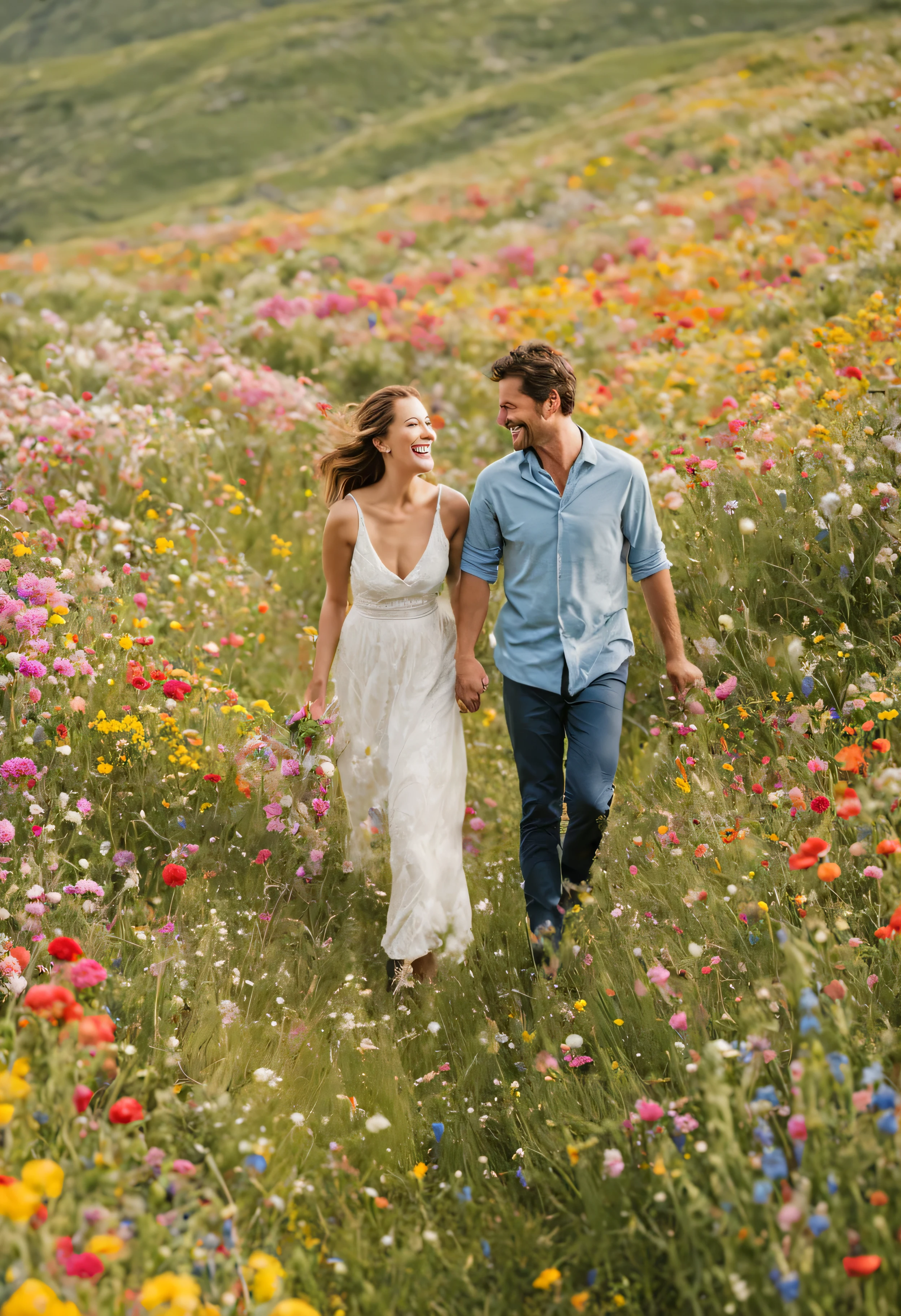 An open meadow with wildflowers in full bloom. The couple strolls through the meadow, surrounded by a sea of colorful flowers. Their shared laughter and carefree expressions illustrate the joy and spontaneity of expressing love through adventures in nature.