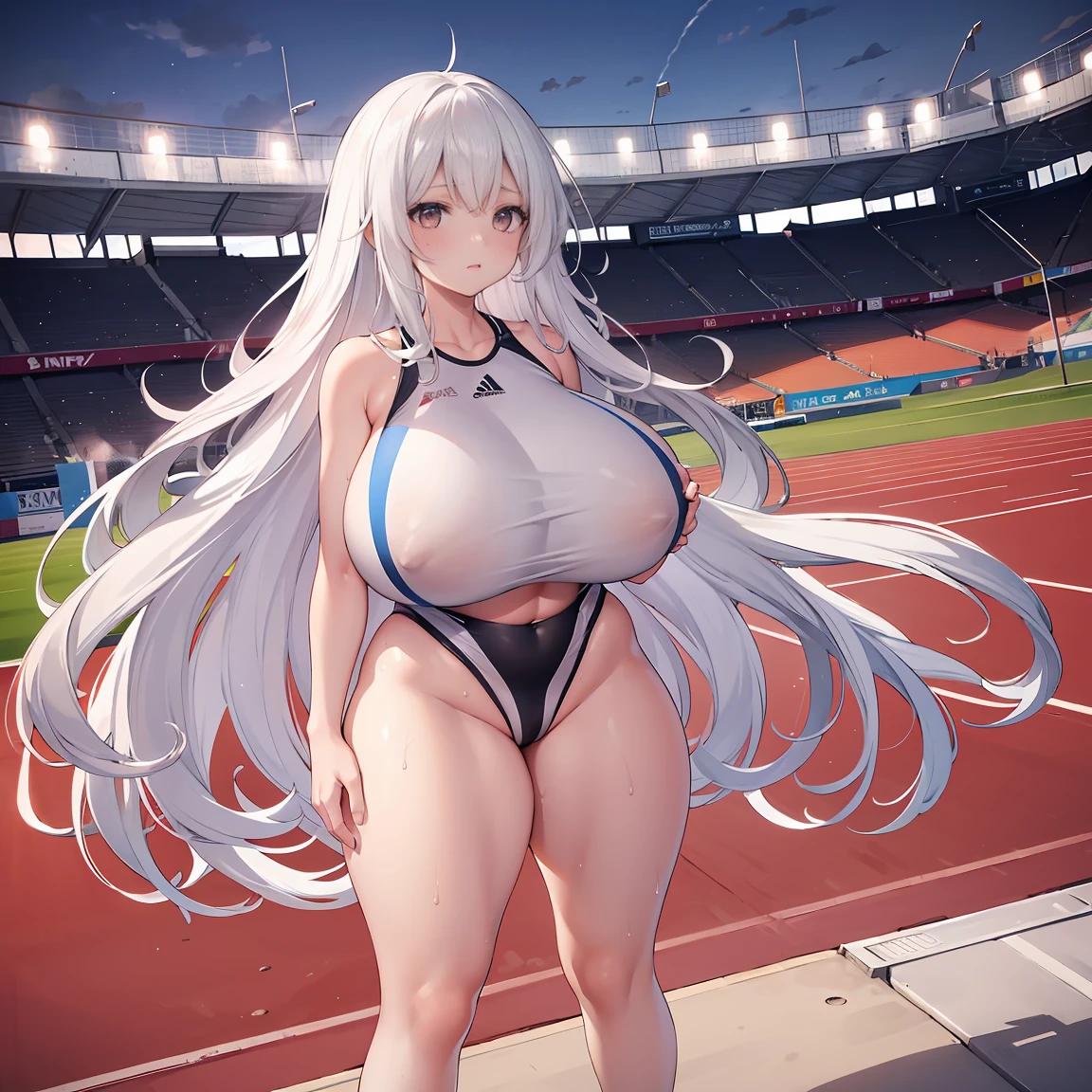 2 girls,long white hair,Track and field suits,The barefoot,Extremely huge,Inside the stadium,sweat profusely,Plump body,Thigh thick