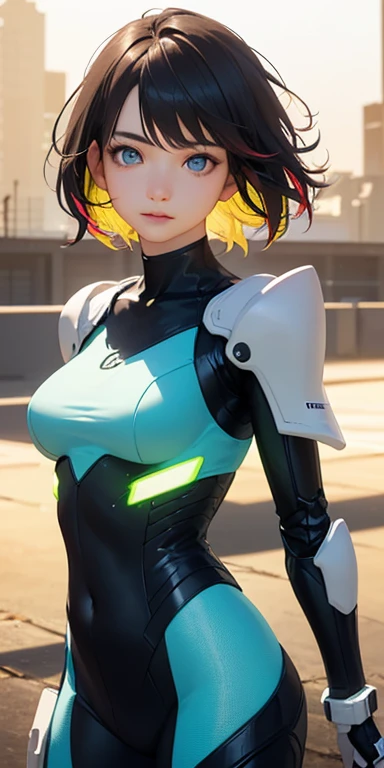 baby face, (short fluorescence multicolored hair:1.5,messy hair:1.5), (photorealistic), (masterpiece, sidelights, exquisite beautiful eyes: 1.5), masterpiece*portrait, realistic, 3D face,(cute face),front view: 1.6、 (glowing blue eyes:1.2),plump face:1.5,(tareme:1.5)、(clear face:1.2),Rosy Mouth,Slim Body,abs, shiny hair, shiny skin: 1.5、medium breasts,、solo,,(stand)、(Neo cyber- light Body armor)、(charactor focus:1.5、portlate、cowboy shot),Digital space,