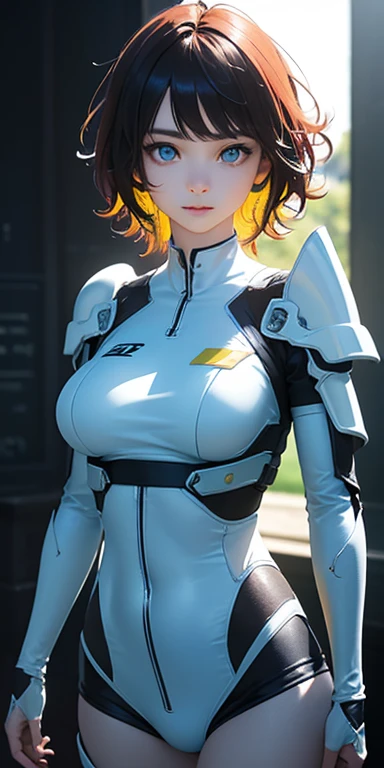 Arte anime 8k del traje fortificado de Girl Muv-Luv, con un mono blanco, astronaut design, con armadura intrincada, ambientado en una exuberante jungla.