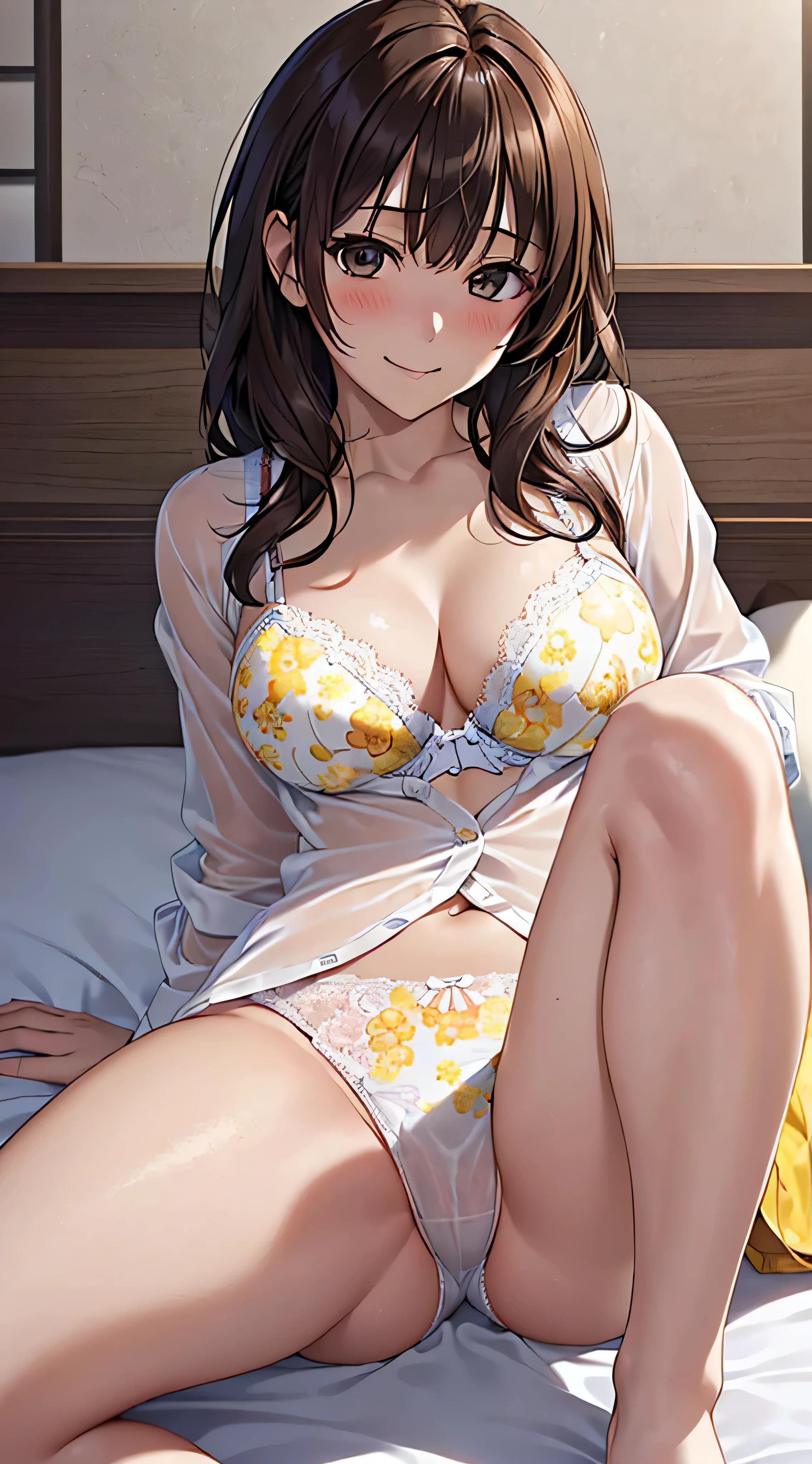 ((masutepiece, Best Quality, hight resolution, nffsw, Perfect Pixel, 4K, nffsw, nffsw))), 1girl in, Single, Solo, Beautie、full body seen、 ((Middle Wave Hair, Bangs, Brown hair)), ((Brown-eyed, Beautiful eyelashes, Realistic eyes)), ((Detailed face, Blushing:1.2)), ((Smooth texture:0.75, Realistic texture:0.65, Photorealistic:1.1, Anime CG style)), medium breasts, Dynamic Angle, Perfect body, ((White shirt, Unbuttoned shirt、I'm not wearing shoes、Kamimei、Shy laughter、Cute shy smile、Pleasant look)), laying on top of bed、(See-through nipples、Open both legs、Open your knees wide、Reach out and grab the bed sheets、white lace panties with yellow floral pattern)、、(white lace bra with yellow floral pattern)、