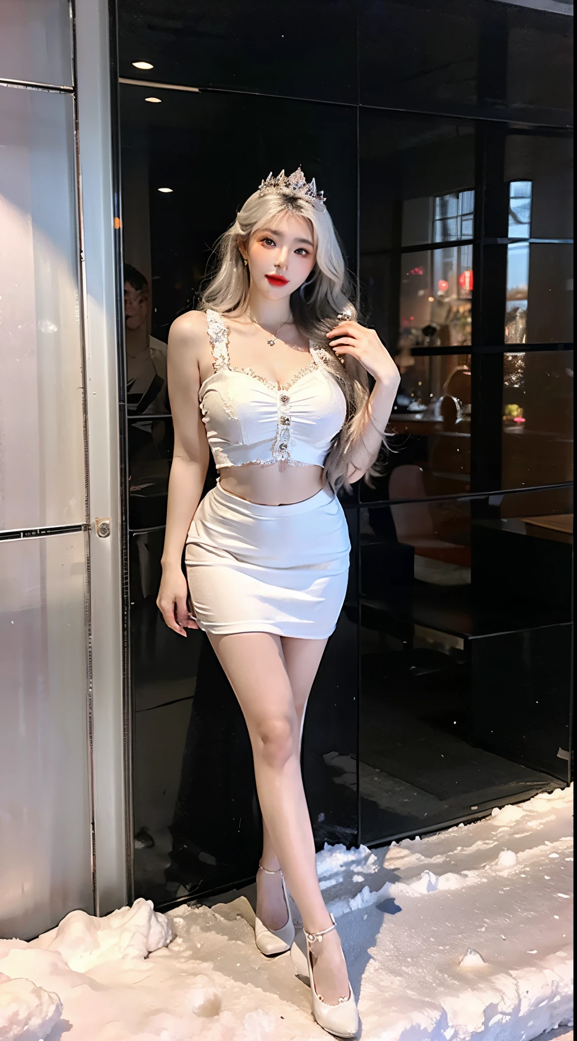 A woman, 17 years old, white hair, long hair, wavy hair, white crown, white diamond necklace, glass earrings, red cheeks, pink lips, big breasts, slim stomach, wide thighs, long white gown, glass shoes, full body, background behind snow, snow white