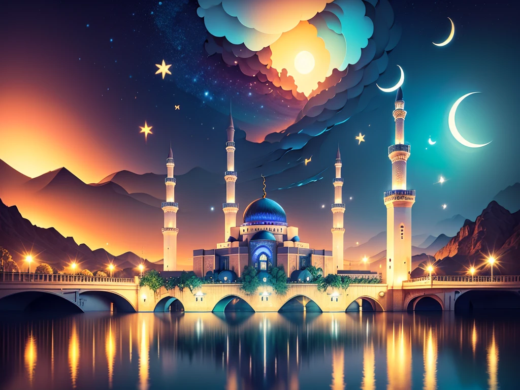 (((masterpiece))),best quality, illustration, Islamic art,  Kaba ((maka)) mosque, saudi arabia, sky, cloud, water, star \(symbol\), no humans, night, bird, moon, building, star \(sky\), night sky, scenery, starry sky, watercraft. vibrant color scheme, Soft light,(warm color:1.2),Water color painting, light background, best quality exquisite details,3d rendering,Octane render, pastel, _cut