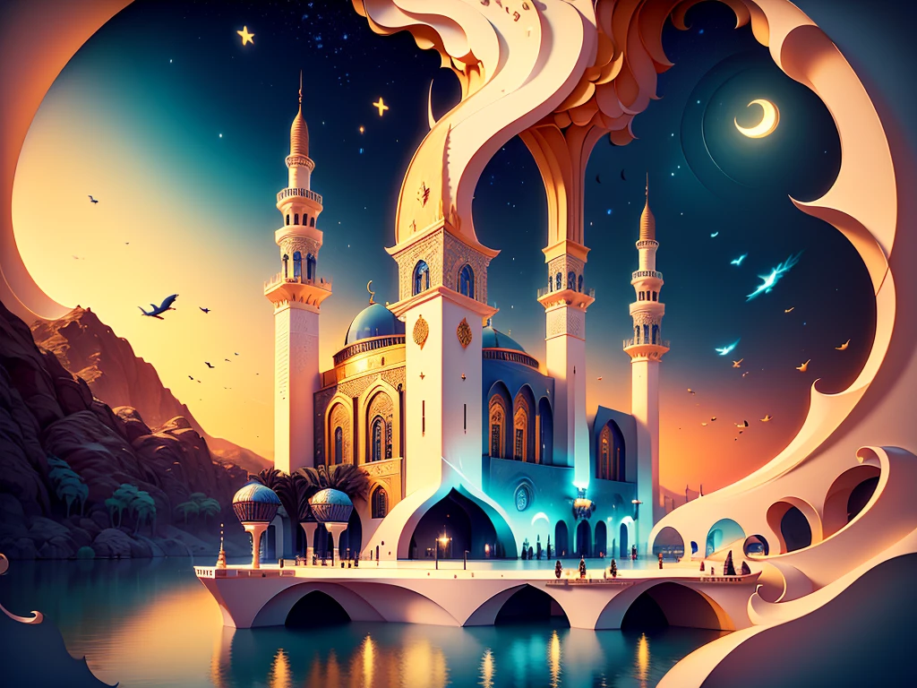 (((masterpiece))),best quality, illustration, Islamic art,  Kaba ((maka)) mosque, saudi arabia, sky, cloud, water, star \(symbol\), no humans, night, bird, moon, building, star \(sky\), night sky, scenery, starry sky, watercraft. vibrant color scheme, Soft light,(warm color:1.2),Water color painting, light background, best quality exquisite details,3d rendering,Octane render, pastel, _cut