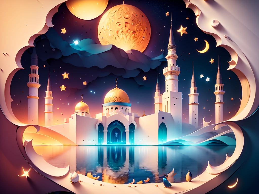 (((masterpiece))),best quality, illustration, Islamic art,  Kaba ((maka)) mosque, saudi arabia, sky, cloud, water, star \(symbol\), no humans, night, bird, moon, building, star \(sky\), night sky, scenery, starry sky, watercraft. vibrant color scheme, Soft light,(warm color:1.2),Water color painting, light background, best quality exquisite details,3d rendering,Octane render, pastel, _cut