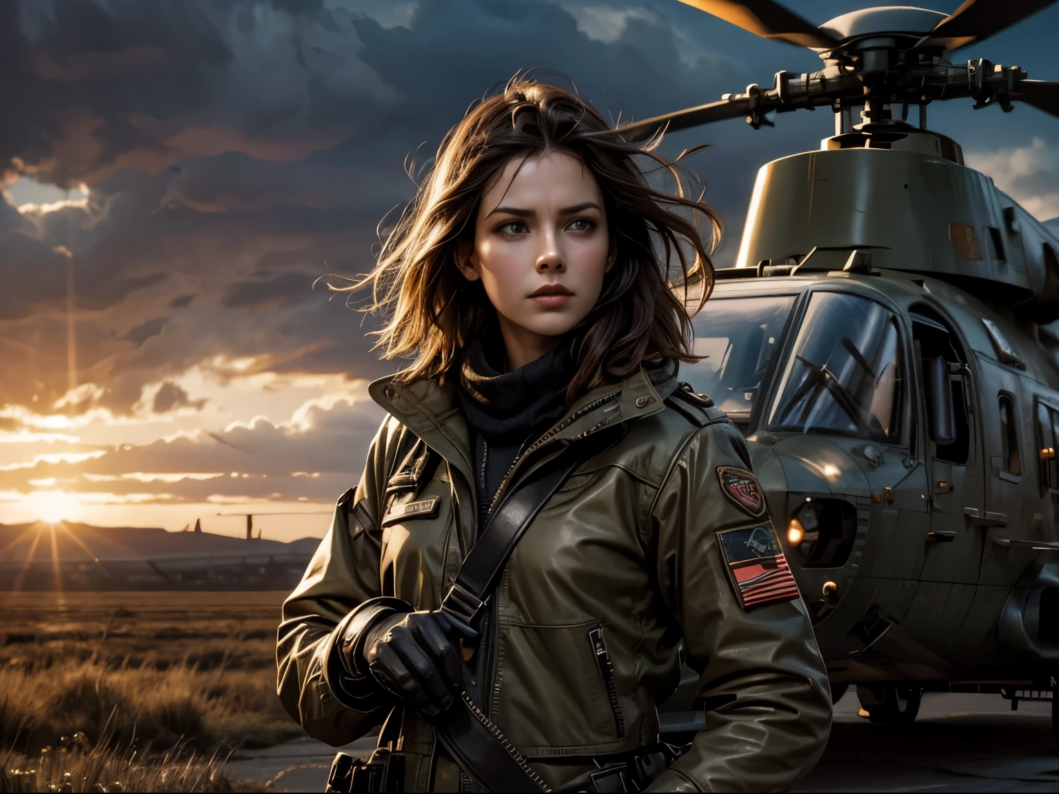Photorealistic, book cover mockup, dramatic lighting, close-up of Emma Mackey on right hand side, realistic British Army uniform, leather flying jacket, keffiyeh, bob style dark brown hair, fierce expression, windswept airfield, standing by military Chinook helicopter, stormy sky