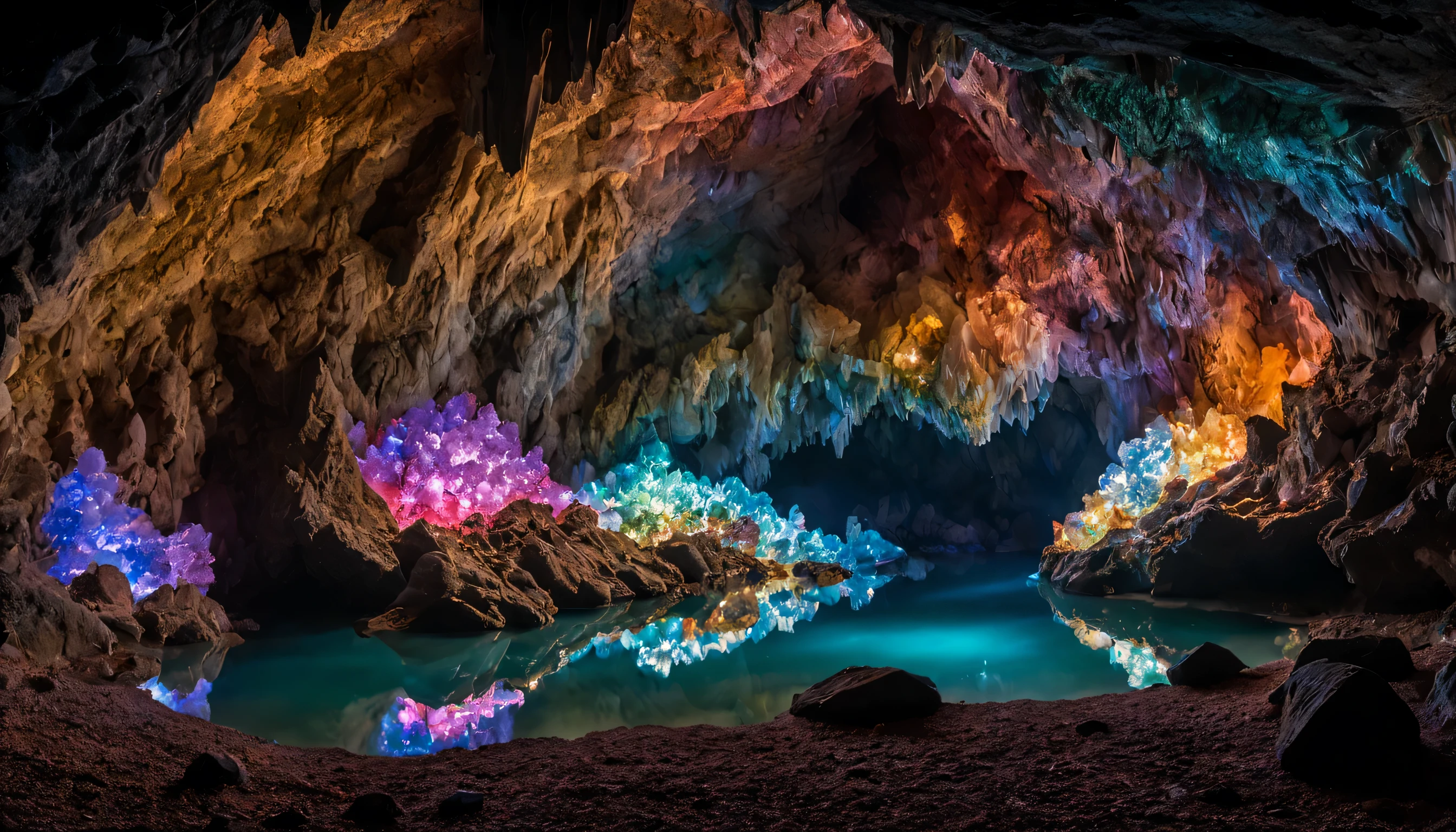 Crystalline Cave: A subterranean grotto sparkles with countless gemstones, their crystalline forms reflecting the light of a lone explorer's headlamp. Capture a RAW landscape masterpiece, showcasing the intricate textures of the cave walls, the vibrant colors of the crystals, and the sense of wonder and discovery. (Best HD detailed, High quality, 32k)