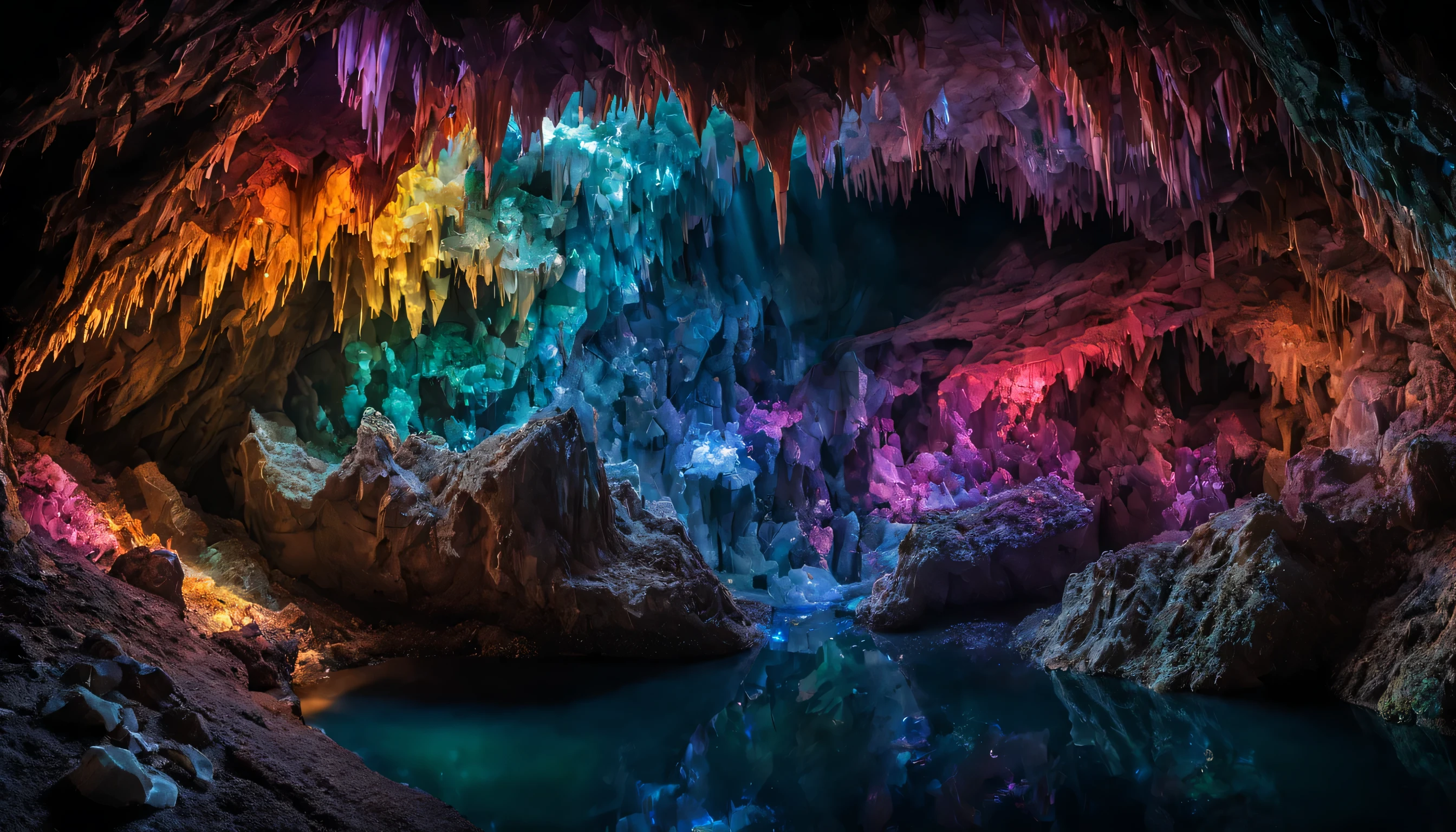 Crystalline Cave: A subterranean grotto sparkles with countless gemstones, their crystalline forms reflecting the light of a lone explorer's headlamp. Capture a RAW landscape masterpiece, showcasing the intricate textures of the cave walls, the vibrant colors of the crystals, and the sense of wonder and discovery. (Best HD detailed, High quality, 32k)