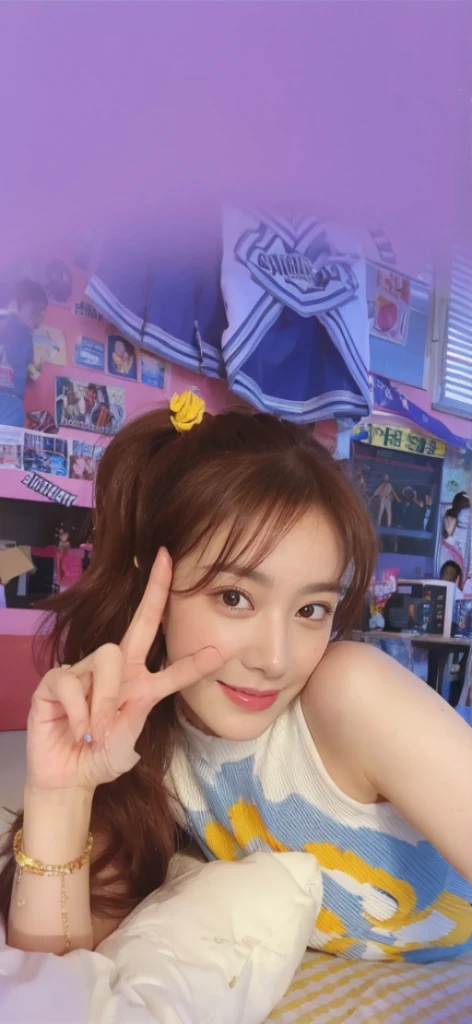 (On a table, Best quality, realistically, ultra - detailed, meticuloso, A high resolution, 8k wallpaper), Close-up portrait of a beautiful woman, Chariada, Smiling, light brown messy hair, Perfect dynamic composition, 美丽meticuloso的眼睛, Just like the cover of a fashion magazine, On campus