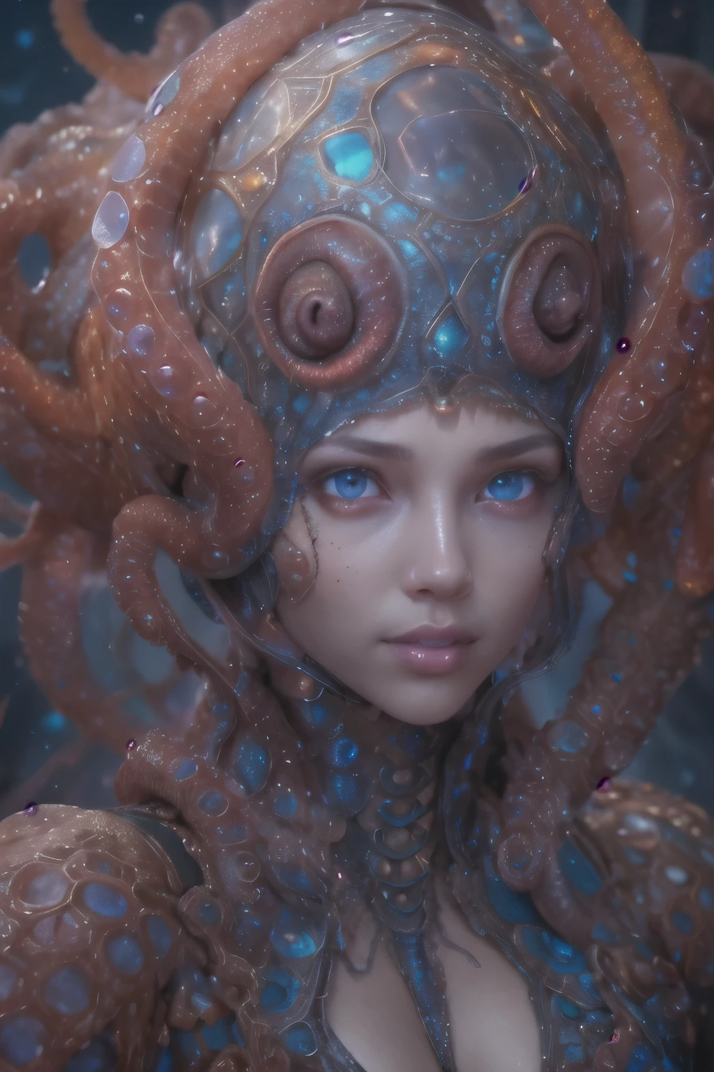 Portrait, (beautiful female alien:1.2), (she has red eyes with no pupils:1.8), (Translucent skin:1.7), (There is a female genital-like organ in the middle of the forehead:1.9), (The most beautiful face in the history of the universe:1.2),an evil gaze that seduces, (large mouth:1.1), (sharp teeth like a vampire:1.2), Full body like, (bio luminescent:1.5), (Smile wickedly:1.3), (sexypose:1.5), alien, No humans, cells are fused, (Lots of translucent tentacles:1.3) extraterrestrial, cell, bio image, Best Quality, 8K,4K_quality, High Definition, Dramatic Lighting, masutepiece:1.5,cinematic quality, detail up, (Intricate details:1.2), High resolution, High Definition, drawing faithfully, (Thick eyebrows:1.2), Beautiful eyes with fine symmetry,(Highly detailed face and eyes:1.2), Intimate face, (Super detailed skin quality feeling:1.4), Perfect Anatomy, (Beautiful toned body:1.5), (Moist skin:1.2), No makeup, (dark circles:1.1), long canines, cinematic drawing of characters, ultra high quality model, cinematic quality, detail up, (Intricate details:1.2), High resolution, High Definition, drawing faithfully, Official art, Unity 8K wall , 8K Portrait, Best Quality, Very High resolution, ultra detailed artistic photography, midnight aura, unreal enginee 5, Ultra Sharp Focus, art by alberto seveso, ArtGerm, Roisch, intricate artwork, best quality, masutepiece, ultra High resolution, (photos realistic:1.4), Ultra-realistic realism, dream-like, nautilus, Creation of fantasy, Snail, Dream Snail, biopunk nautilus, Thrilling color schemes, Ultra-realistic realism, seductively smiling, Blue tentacles,