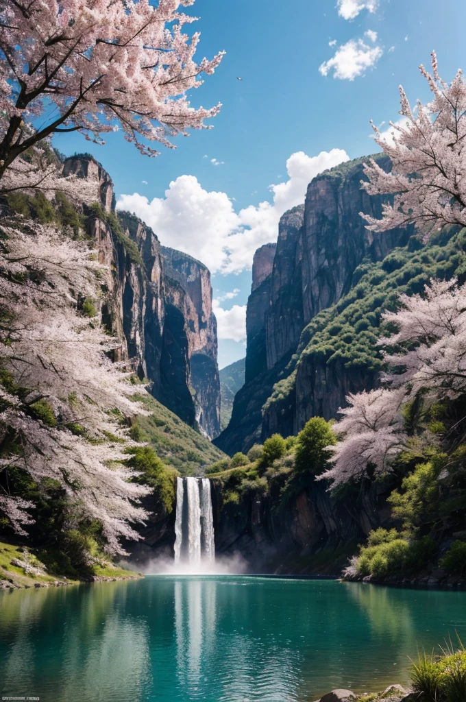 masterpiece, best quality, high quality, extremely detailed CG unity 8k 16:9 wallpaper, scenery, outdoors, sky, cloud, day, no humans, mountain, small birds , lily lake,landscape, water, cherry trees, blue sky, high waterfall, high cliff, nature, lake, river, cloudy sky,award winning photography, Bokeh, Depth of Field, HDR, bloom, Chromatic Aberration ,Photorealistic,extremely detailed, trending on artstation, trending on CGsociety, Intricate, High Detail, dramatic, art by midjourney