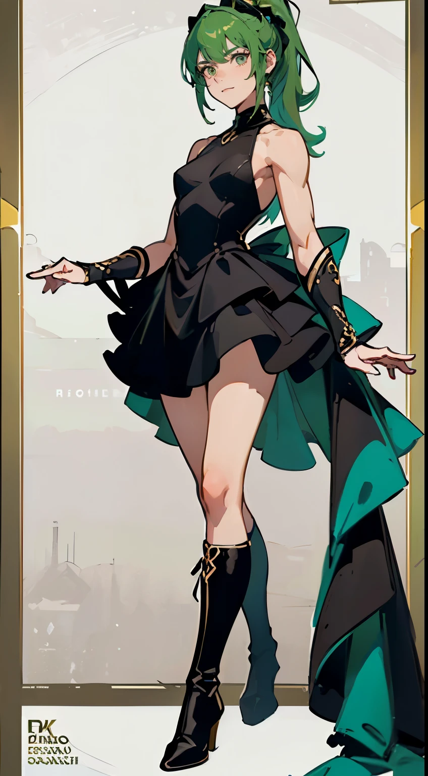best quality, (masterpiece),(ultra-detailed), (high quality), (high resolution), ((3heads:1.5)), best quality:1.5, highres, UHD, 16K), smiling, highres, masterpiece, ((golden blonde hair)), cleavage, ((black dress)), lustrous and smooth skin, , (mature woman), seductive silhouette, ((slim hips)), casual dress, sexy proportions, Beautiful girl with accentuated slender abs, long legs, seductive woman, background, necklace, body con dress, strapless, sleeveless, blue green eyes, long hair, ponytail
