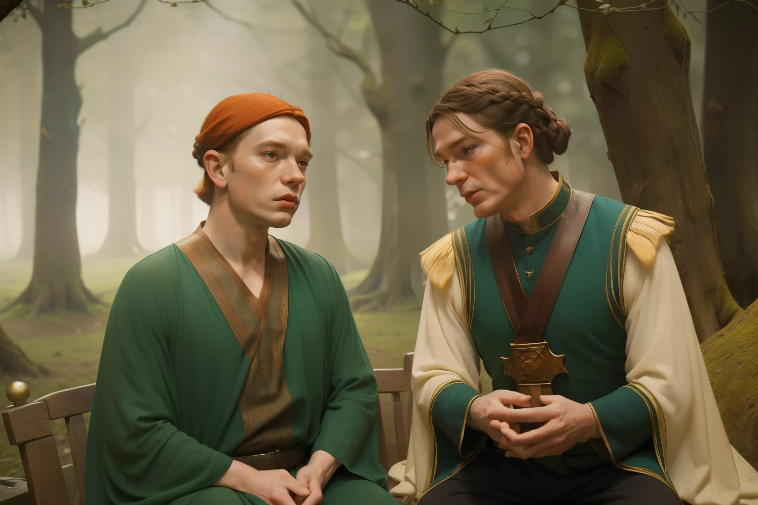 1170, Kingsbridge, England. Otherworldly scene in a medieval forest, ((((46-year-old)) Cameron Monaghan)), wrinkles, ((worried expression)), talking to a younger man, ((((tunic from the 12th century)))), ((Hairstyle of the 12th century)), ((Wes Anderson cinematic style)), colorful
