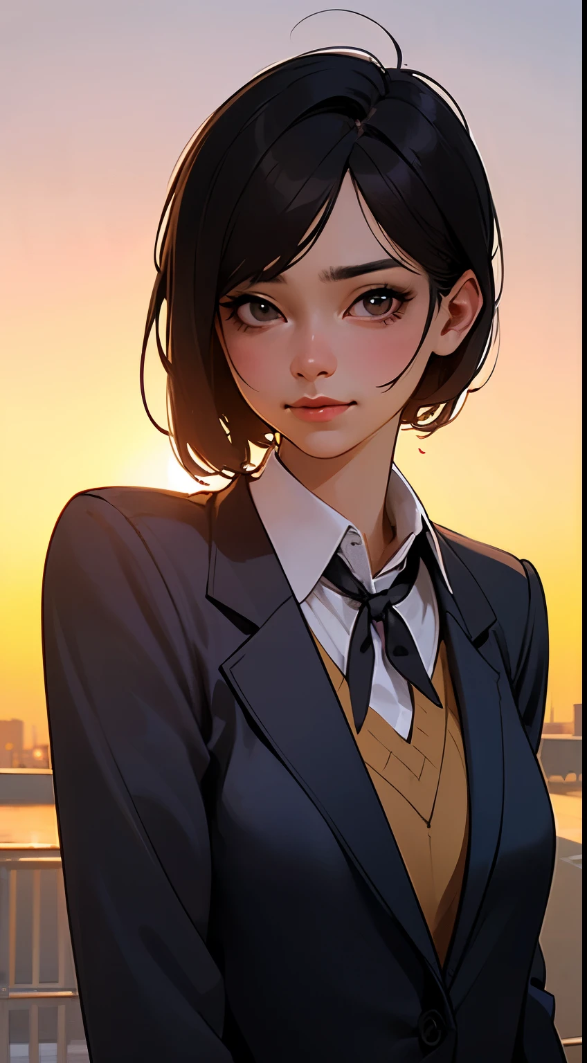 (top-quality,8K picture quality,​masterpiece:1.3),(A high resolution,Photorealsitic:1.4,Raw photography),(ultra-detailliert,Caustics,Detailed background),(Ultra-realistic capture,Beautifully detailed skin,perfect anatomia),at the sunset,Sunset sky,school buildings,school ground,16year old ,Kawaii,Single eyelid,Black hair short messy ,School Blazer Uniform,Looking at the camera,A smile,Bust-up shot,natural soft light