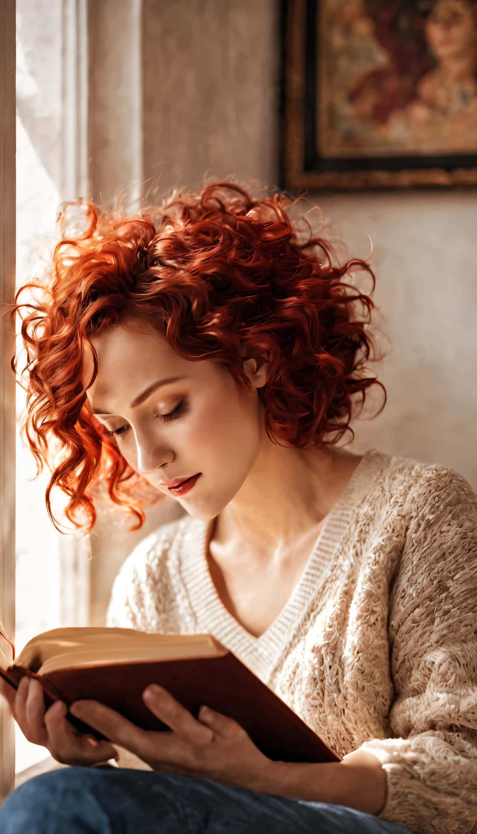 Bookworm's Retreat: A woman with vibrant red curls and a cozy sweater is curled up in a sunlit nook, her face alight with joy as she reads a worn leather-bound book. Render a RAW portrait masterpiece, emphasizing the warmth of the sunlight, the delicate details of the book and her surroundings, and the pure joy of reading. (Best HD detailed, High quality, 32k)