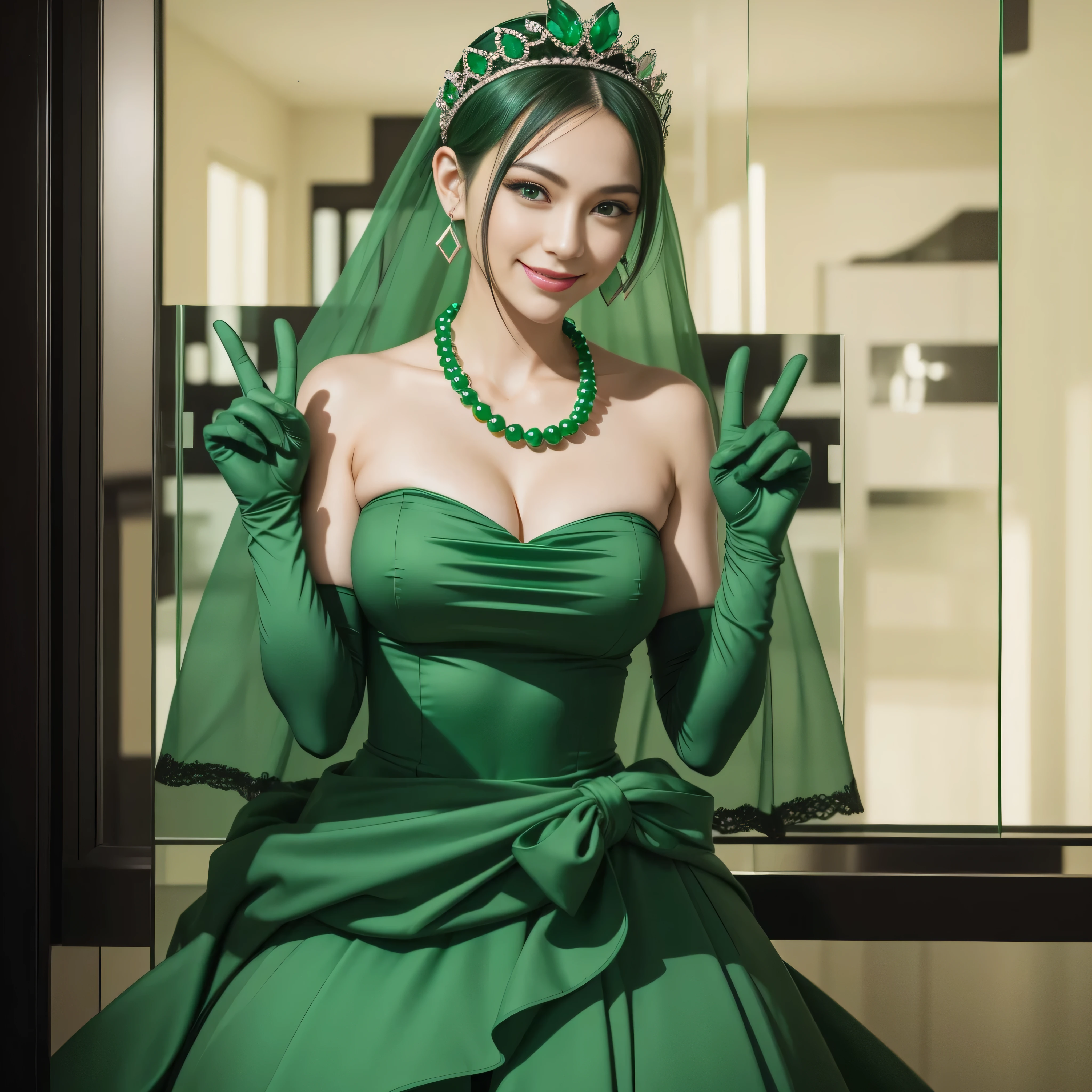 emerald tiara, Green Pearl Necklace, Boyish very short green hair, lipsticks, Japan woman smiling, very short short hair, big breasts beautiful, Green eyes, Long green gloves made of satin material, Green eyes, Emerald Earrings, green vale, v sign