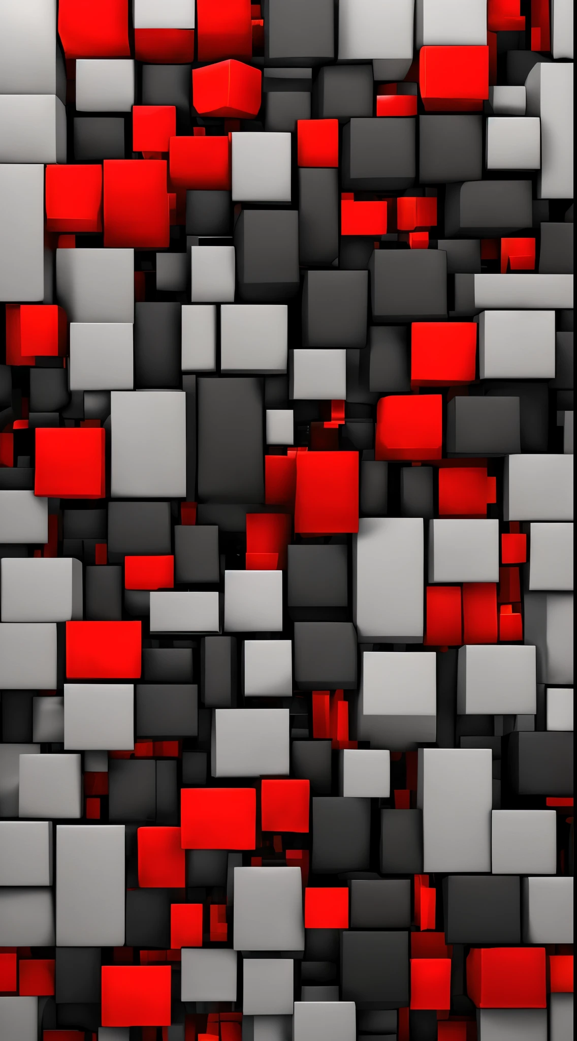 An overlapping abstract work of red, black, gray and gold cubes