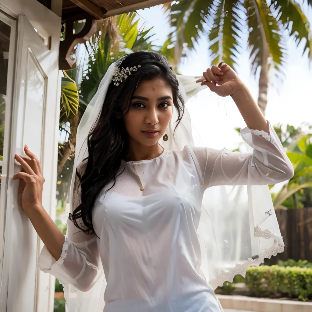 Pakistani mix malay model, dripping wet, in a white see through shirt, under bride art, standing both hand in the air