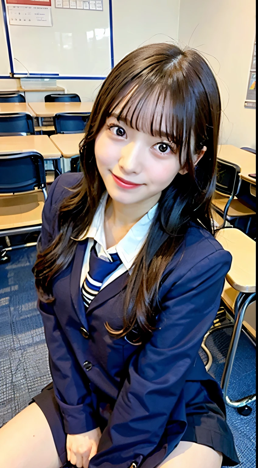 ((masterpiece, best quality)), One woman in a school uniform in a classroom sits at a desk with her legs spread open,  smile,