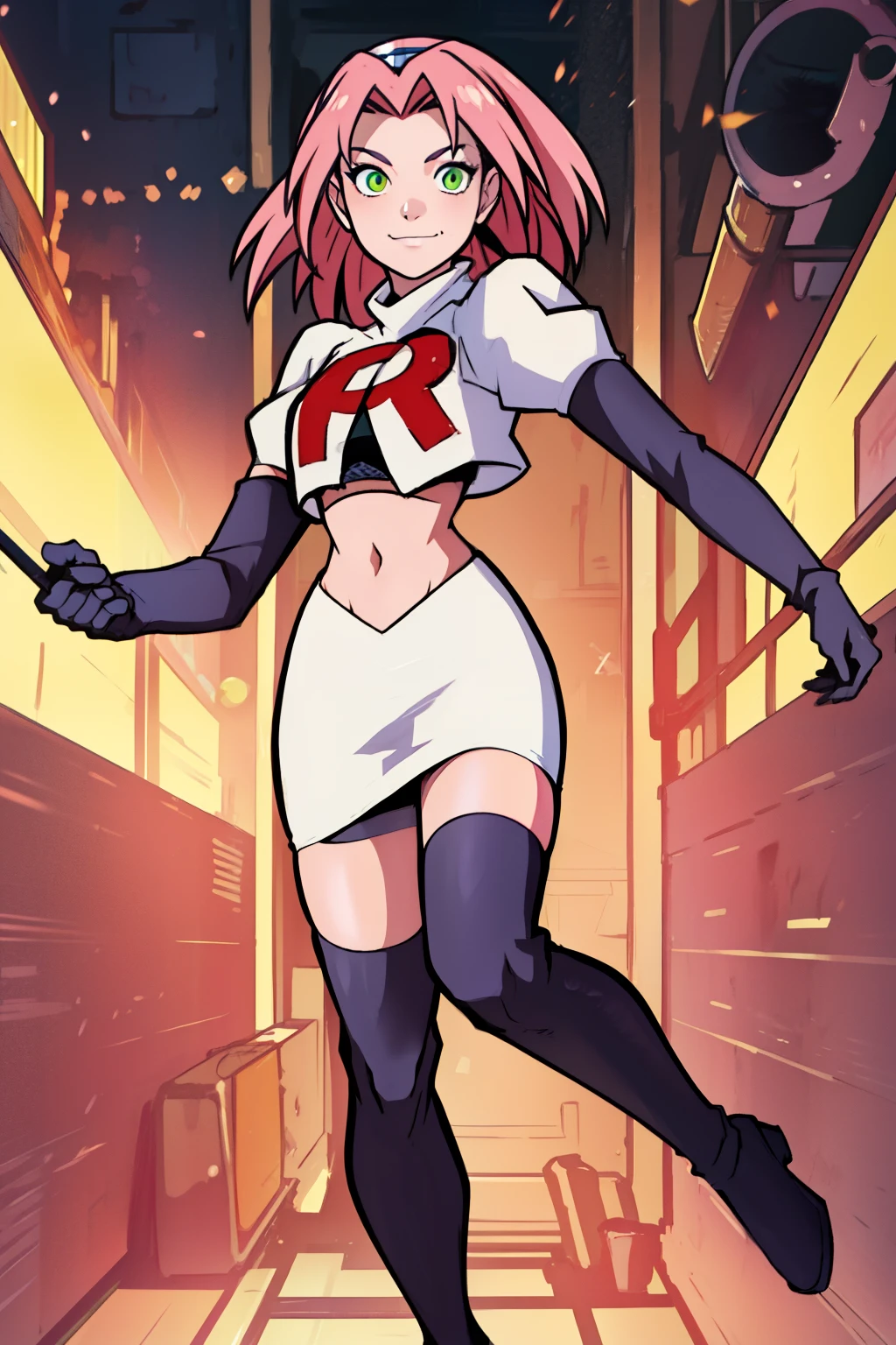 haruno sakura, green eyes ,rocket,team rocket uniform, red letter R, white skirt,white crop top,black thigh-high boots,black elbow gloves, evil smile, look at viewer,