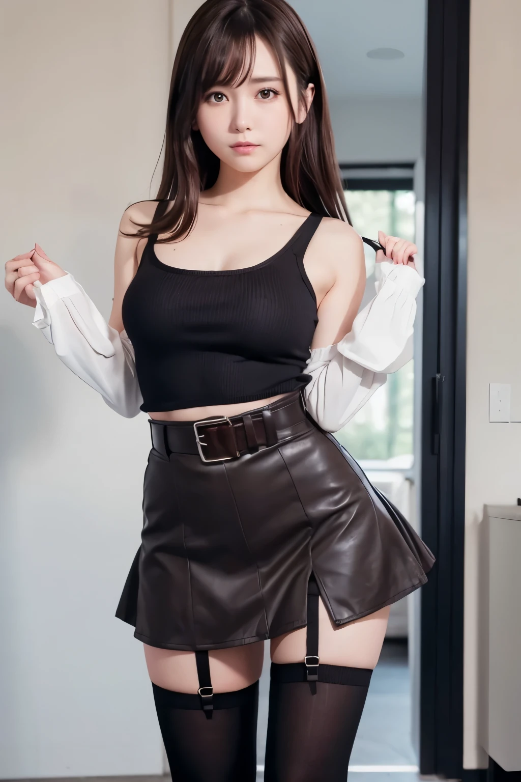 1girl,short skirt,Two piece fashionable outfit, ((Yushuxin,1 Girl,Solitary)), Warm colors, Atmosphere, 4K, masterpiece, high resolution, ridiculous, Bare shoulders, Sexy long legs, on the bed, Strike a pose, brown wavy hair, lust, eyes, Shy, Pure Desire, Tempting, Sexy pose, Big breasts, Very detailed face, Light and delicate makeup, Charm and sophistication, Attractive posture, beauty, grace, lifelike, Very detailed, amazing, beauty的, Young and energetic, Charming model