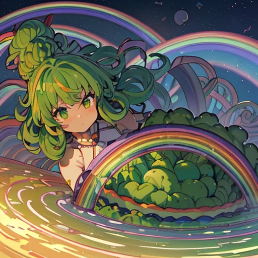 A heavily armored oversized Afro girl in vegetable cake armor who serves an oversized vegetable.、Amazing dynamism、Amazing Angle、Unstable buoyancy sandstorm、((((Many friendly rainbow vegetables are closely floating and chasing each other.))))、((surround each other&#39;large vegetable))、(((Rainbow vegetables are scattered in a spiral pattern)))、