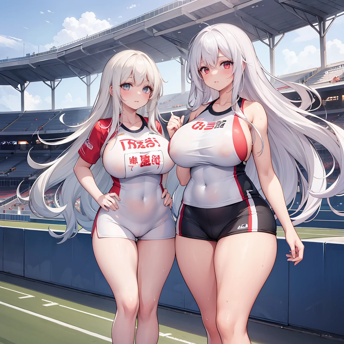 2 girls,Long white hair,Track and field uniformtremely huge,Inside the stadium,sweat profusely,Plump body,Thigh thick