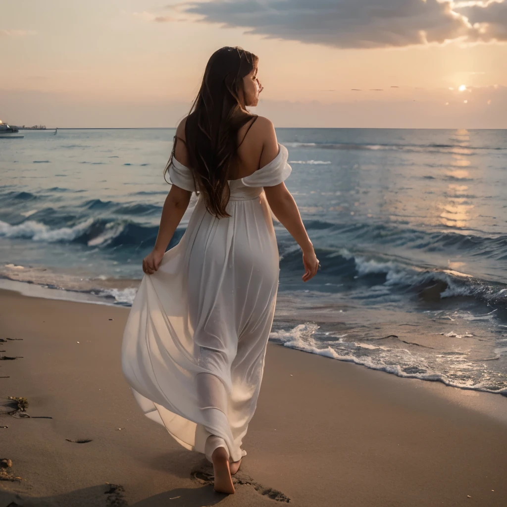 girl on the beach, from backside, from below, ((fullbody)), ((look forward)), (best quality, 4K, High definition, masterpiece: 1.2), ultra-detailed, (realistic: 1.37),  long hair, in a flowing dress, standing in the beam sunlight, soft and warm color palette