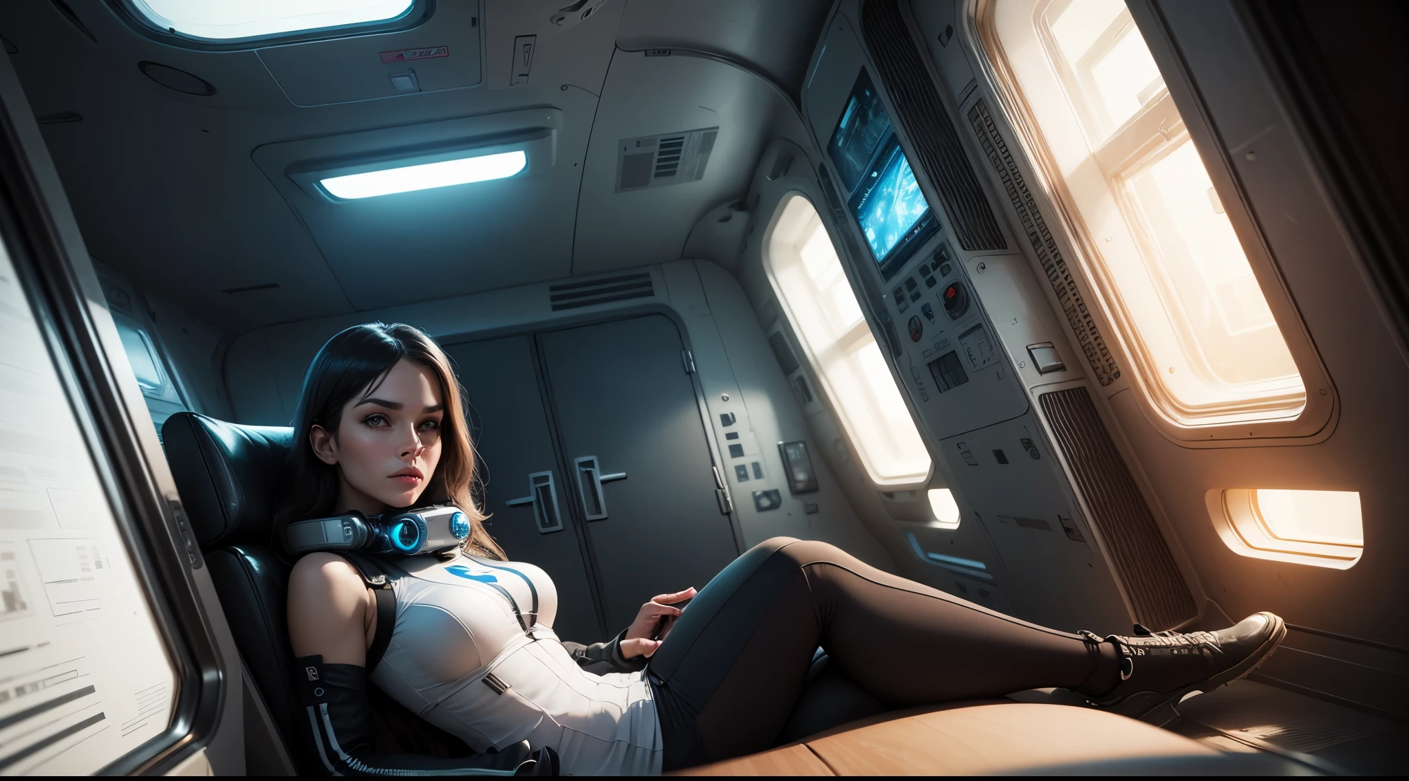 Interior close-up photo: private spacecraft, two stunningly gorgeous twin scandinavian women lounging around, nordic style interior paneling, space-age sci-fi. Style: ultra-real, hyper photo-realistic, rich detail, hyper maximal, cinematic photography, 8k, wide angle, sharp focus, hyper-realistic,