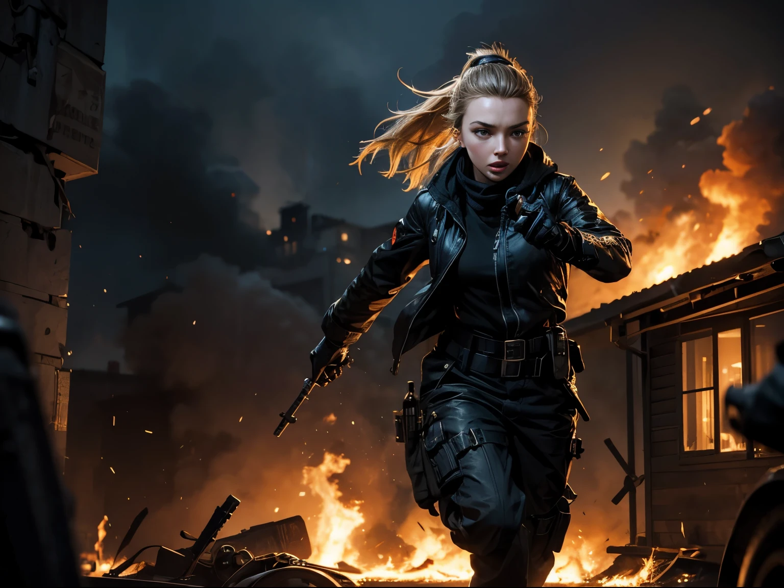Photorealistic, book cover mockup, dramatic lighting, close-up of Jodie Comer on right hand side, black goretex jacket over black jumpsuit, keffiyeh, belt with handgun holster, blonde hair worn in a neat ponytail, fierce expression, running through burning town during nighttime air-raid, buildings on fire, bodies