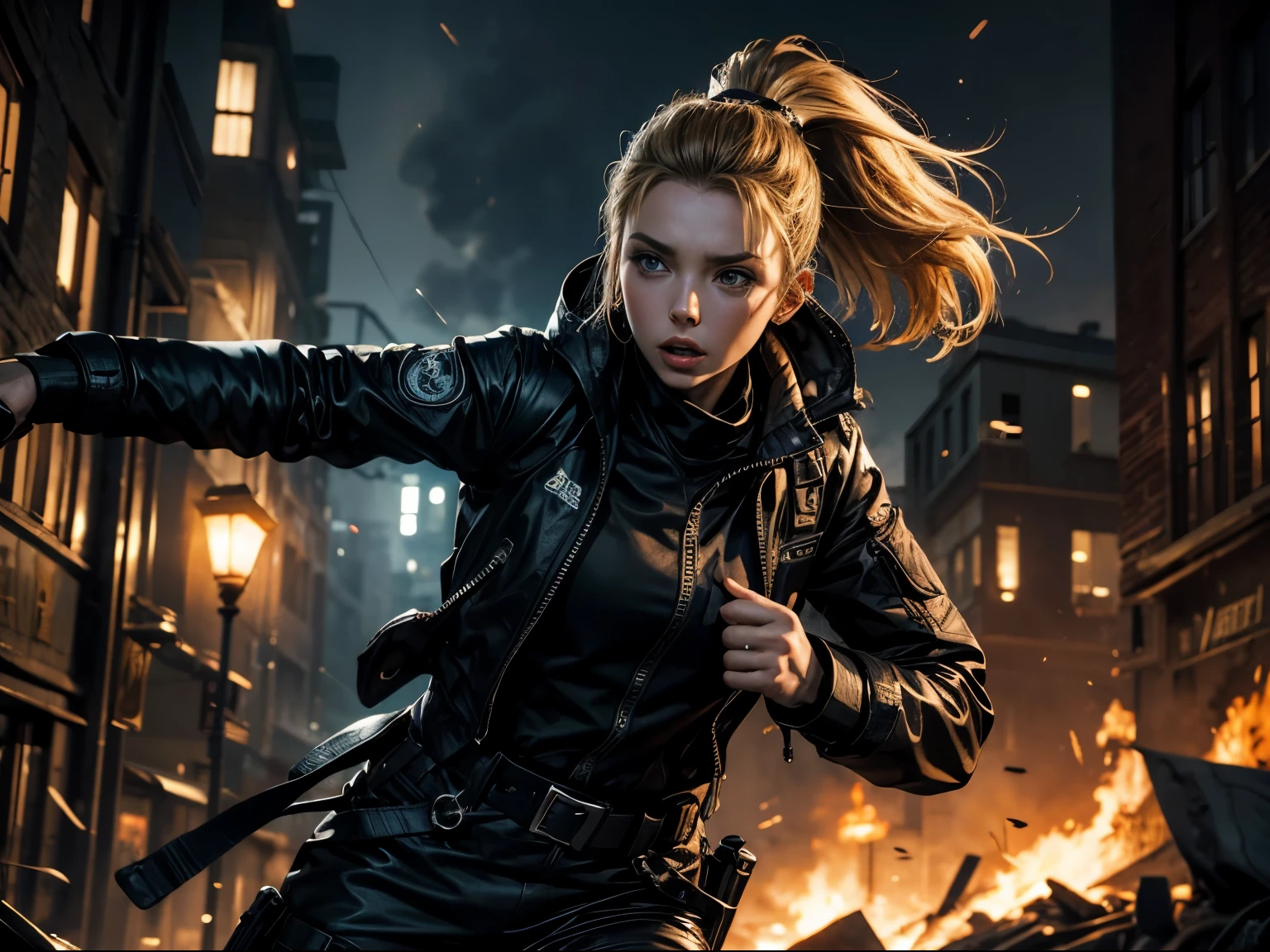 Photorealistic, book cover mockup, dramatic lighting, close-up of Jodie Comer on right hand side, black goretex jacket over black jumpsuit, keffiyeh, belt with handgun holster, blonde hair worn in a neat ponytail, fierce expression, running through burning town during nighttime air-raid, buildings on fire, bodies