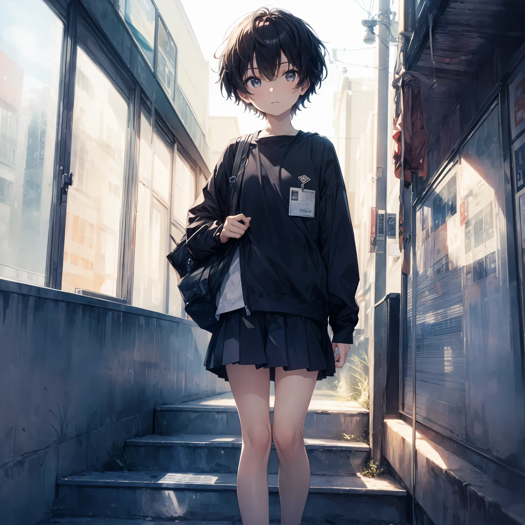 Super high quality by the art god, Ultra-detailed, High resolution, Shinkai Makoto style, anime moe art style, best anime 8K konachan wallpaper, Pixiv Contest Winner, Perfect Anatomy, BREAK,(Please draw a sleepy girl going to school alone.. ),BREAK, a hyperrealistic schoolgirl, (Solo,Lori,child,13years:1.3),Full limbs, complete fingers,a junior high school student, Androgynous attraction, (extra very short hair), hair messy, flat and soft chest, Small butt, groin, Small eyes,Beautiful detailed black eyes, Well-proportioned iris and pupils, disgusted eye, High resolution detailed hair, School uniform, Skirt, On the way to school. BREAK,Ultra-detailed細なスキン, Best lighting by famous artists, 8K, Illustration,