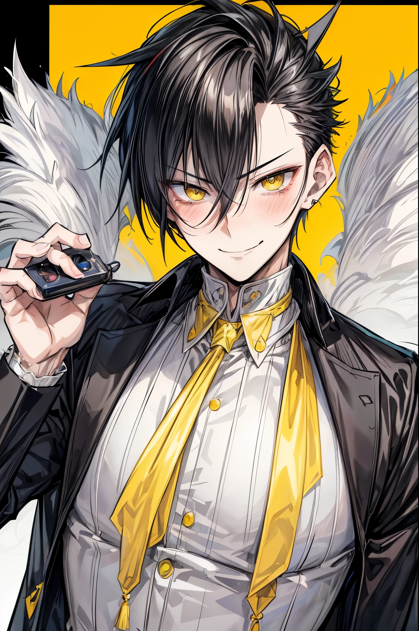 (flat color:1.1),(masterpiece:1.2), best quality, masterpiece, original,short black spiked hair, yellow eyes and accents, (mature handsome anime man looking at the camera with a smile and blush:1.2), CEO, holding phone camera