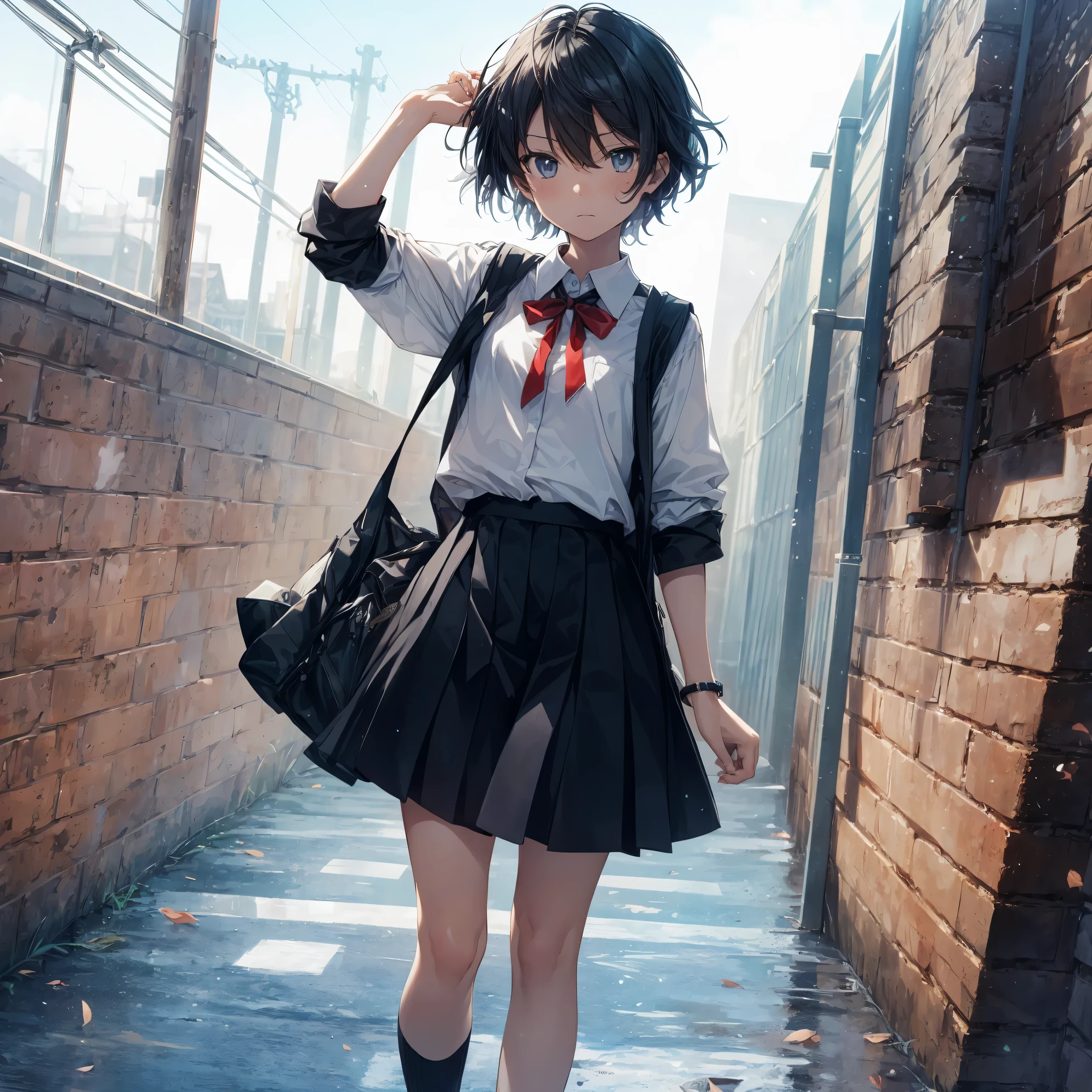 Super high quality by the art god, Ultra-detailed, High resolution, Shinkai Makoto style, anime moe art style, best anime 8K konachan wallpaper, Pixiv Contest Winner, Perfect Anatomy, BREAK,(Please draw a sleepy girl going to school alone.. ),BREAK, a hyperrealistic schoolgirl, (Solo,Lori,child,13years:1.3),Full limbs, complete fingers,a junior high school student, Androgynous attraction, (extra very short hair), hair messy, flat and soft chest, Small butt, groin, Small eyes,Beautiful detailed black eyes, Well-proportioned iris and pupils, disgusted eye, High resolution detailed hair, School uniform, Skirt, On the way to school. BREAK,Ultra-detailed細なスキン, Best lighting by famous artists, 8K, Illustration,