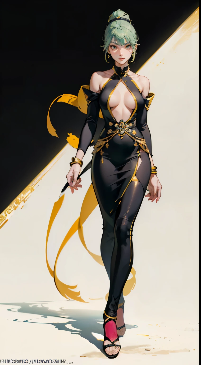 ((masterpiece,best quality,8k,highres)),((character concept art)), 1 female, middle-age woman, a Queen, 220 cm height, straight hair, ponytail, (hunter green hair colour), ultra finely detailed eyes (yelloq eyes colour), extraordinary charming, gorgeous, (gentle smile), ((petite breasts, small breasts, flat breasts)), athlete body build ((muscular)), ((intricate detail)), super finely detailed hands, ultra finely detailed fingers(((ten fingers))), ((black stylish monk outfit)), earrings, necklace, bracelet, (standing still), (full body showcase), (show full body), (no logos on background), (no logo), ((plain background)), ((plain background)), (((empty background)))