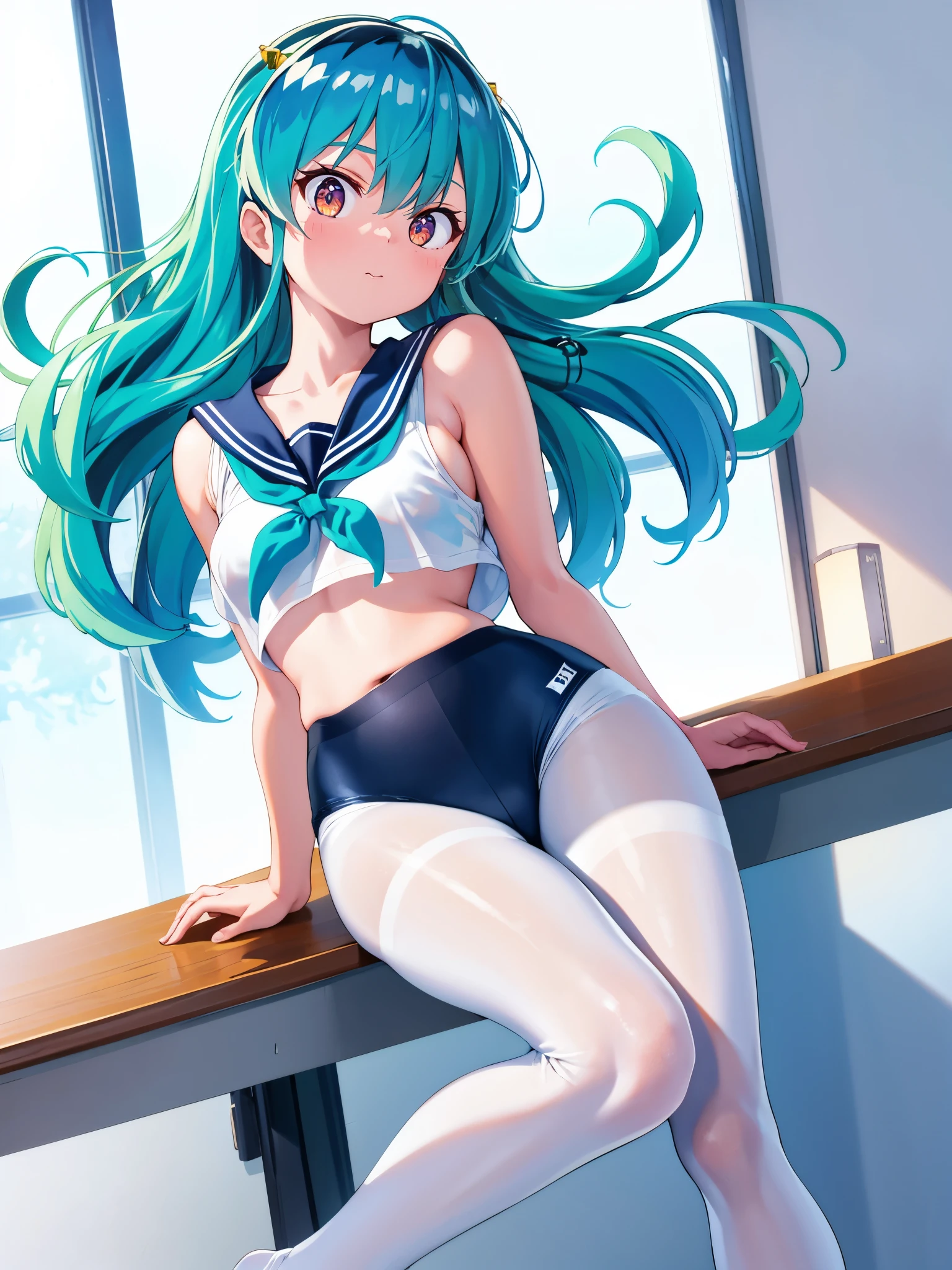 (1girl in),(High quality), (hight resolution), (Highly detailed), (in 8K),(lower body shot),Ram from Urusei Yatsura is wearing a transparent sailor swimsuit at school.),(Wearing black pantyhose)No shoes,Perfect Lighting,(Beautifully erect nipple shape:1.1),hight resolutionの美しい目,(Neutral white lighting:1.2),simple background,