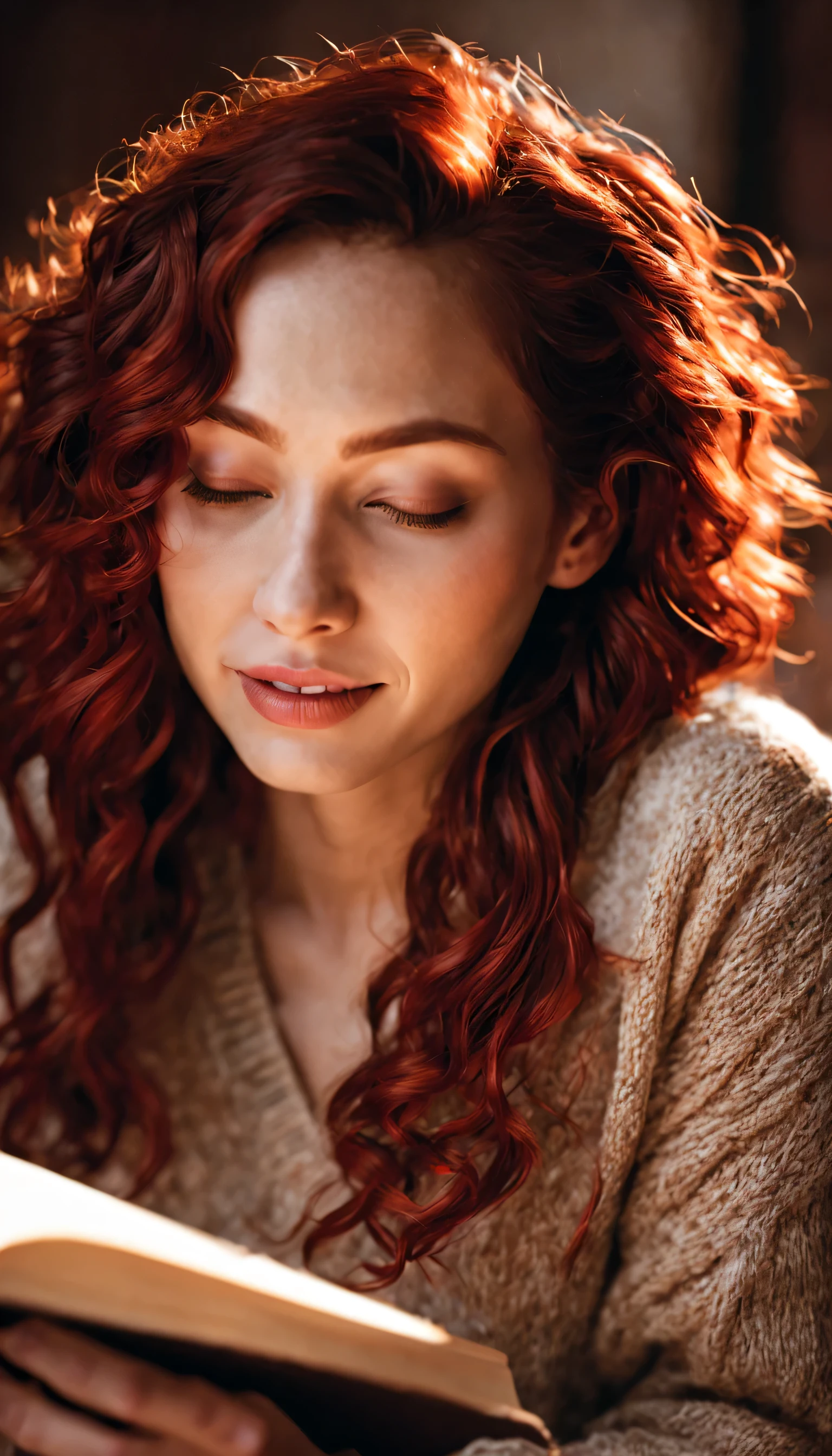 Bookworm's Retreat: A woman with vibrant red curls and a cozy sweater is curled up in a sunlit nook, her face alight with joy as she reads a worn leather-bound book. Render a RAW portrait masterpiece, emphasizing the warmth of the sunlight, the delicate details of the book and her surroundings, and the pure joy of reading. (Best HD detailed, High quality, 32k)
