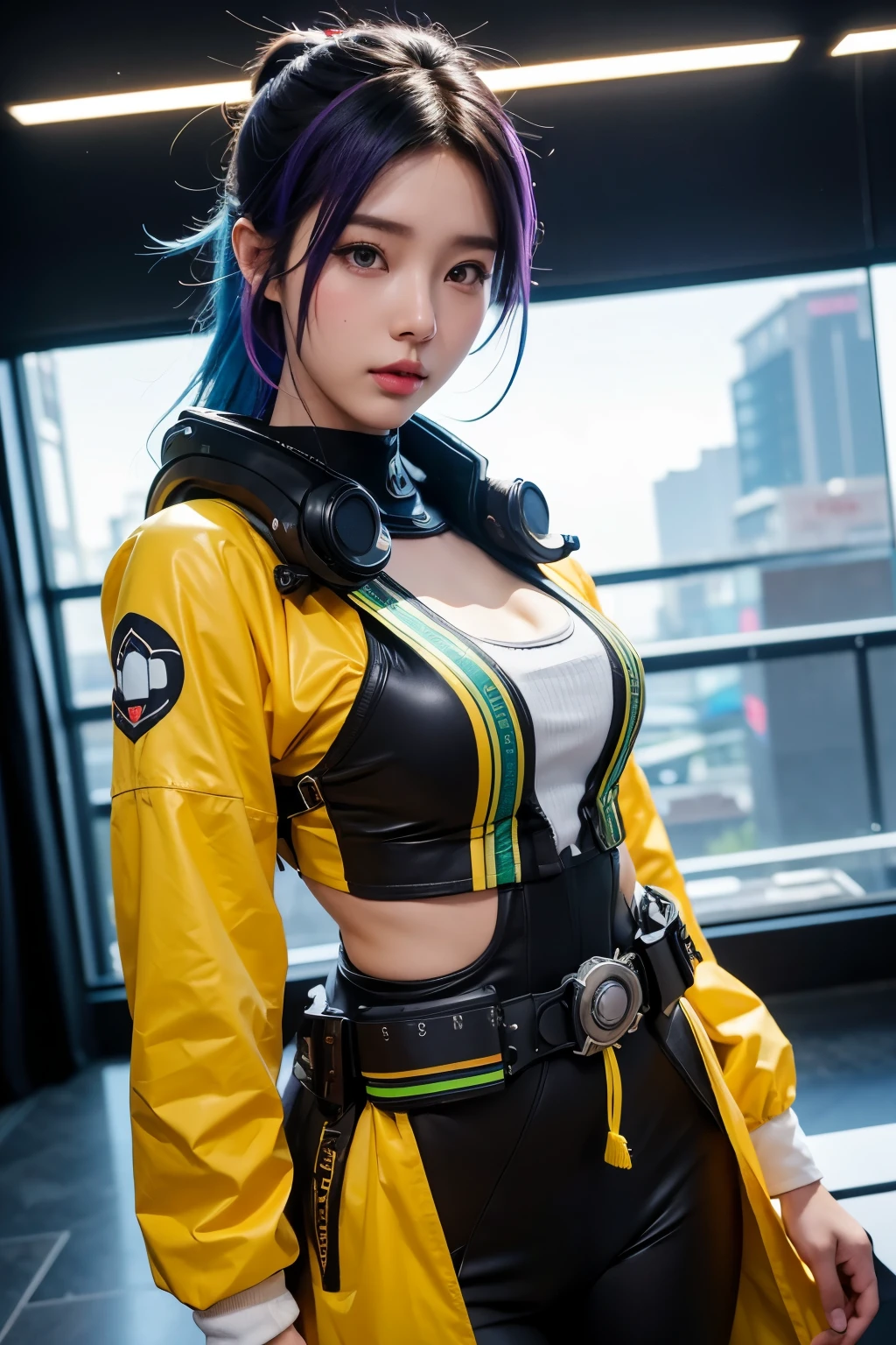 there is a woman in a costume that is posing for a picture, trending at cgstation, korean girl, sakimichan, amouranth, trending on cgstation, sakimichan frank franzzeta, inspired by Leng Mei, (sfw) safe for work, intriguing outfit, makoto shinkai ( apex legends ), as overwatch character, rainbow hair