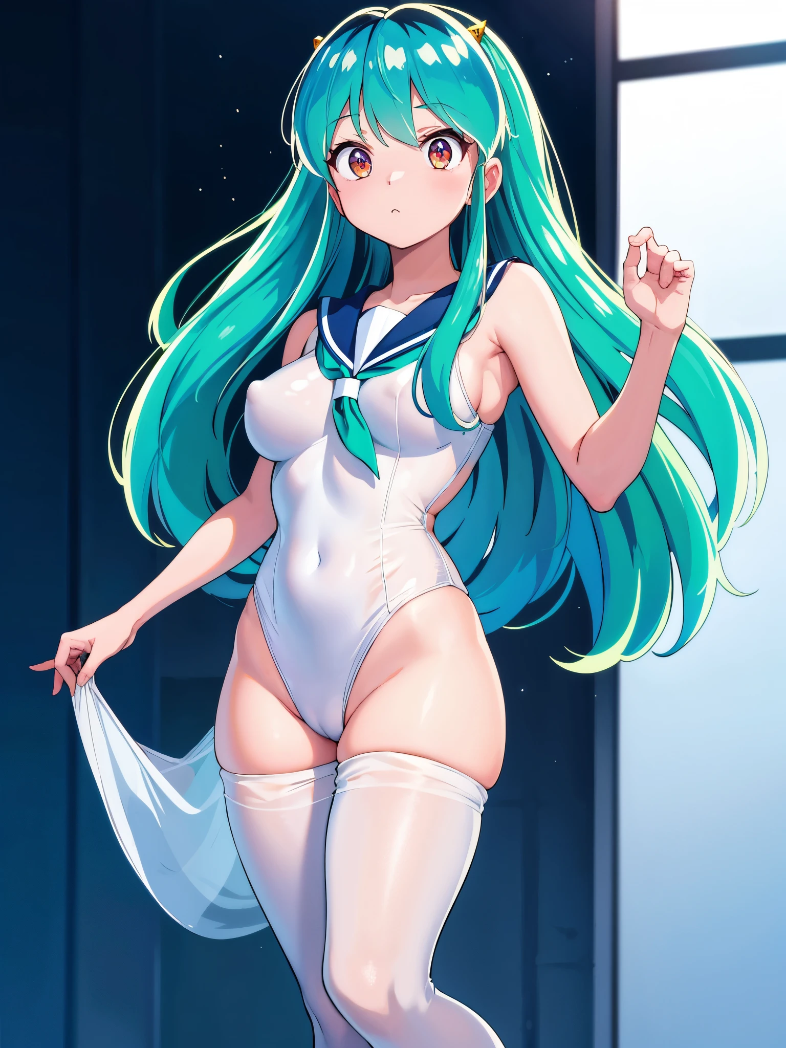 (1girl in),(High quality), (hight resolution), (Highly detailed), (in 8K),(lower body shot),Ram from Urusei Yatsura is wearing a transparent sailor swimsuit at school.),(Wearing black pantyhose)No shoes,Perfect Lighting,(Beautifully erect nipple shape:1.1),hight resolutionの美しい目,(Neutral white lighting:1.2),simple background,
