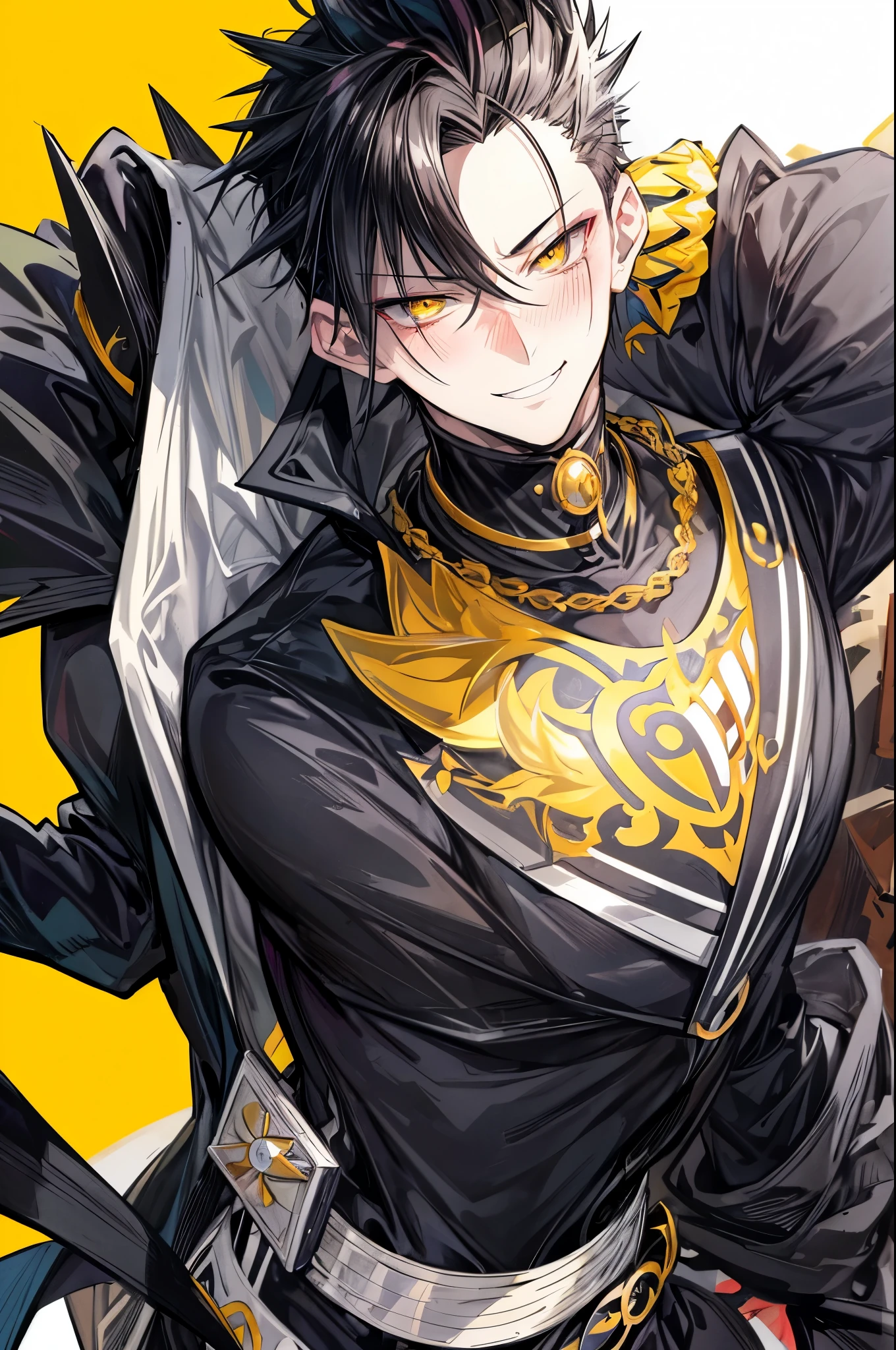 (flat color:1.1),(masterpiece:1.2), best quality, masterpiece, original,short black spiked hair, yellow eyes and accents, (mature handsome anime man looking at the camera with a smile and blush:1.2), CEO, holding phone camera