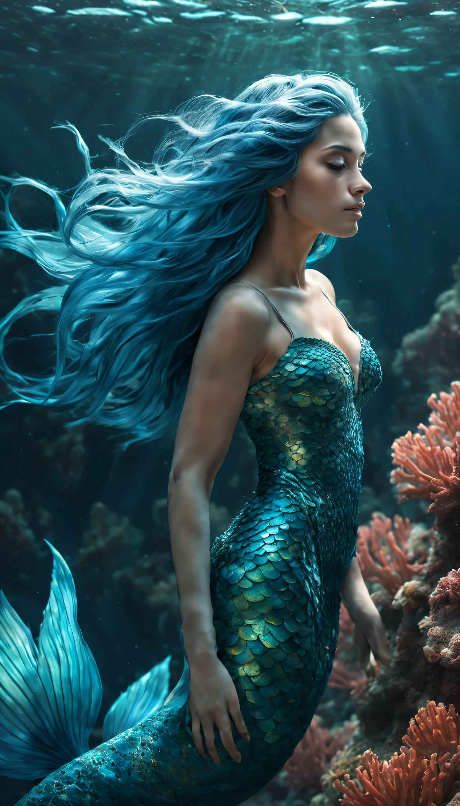 Aquatic Embrace: A mermaid with flowing blue hair and iridescent scales swims gracefully through a coral reef, her form illuminated by shafts of sunlight piercing the turquoise waters. Create a RAW portrait masterpiece, capturing the delicate details of her scales, the ethereal beauty of the underwater world, and the magical interplay of light and water. (Best HD detailed, High quality, 32k)