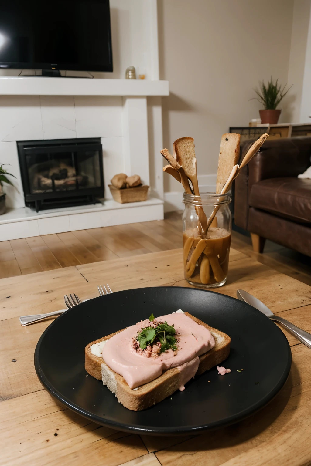 plate of pink hummus spread on toast on a black plate on a living room table
simple and somewhat gross looking
landscape
